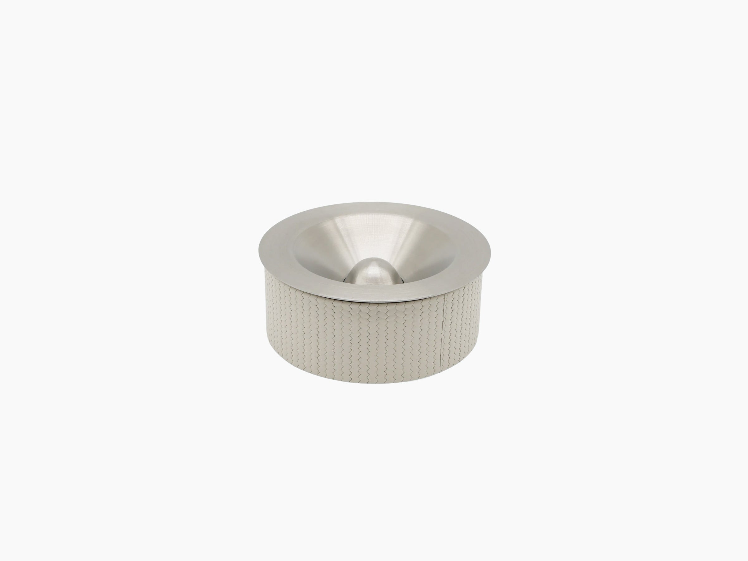 Vulcano ashtray with beige leather wrap and brushed chrome interior