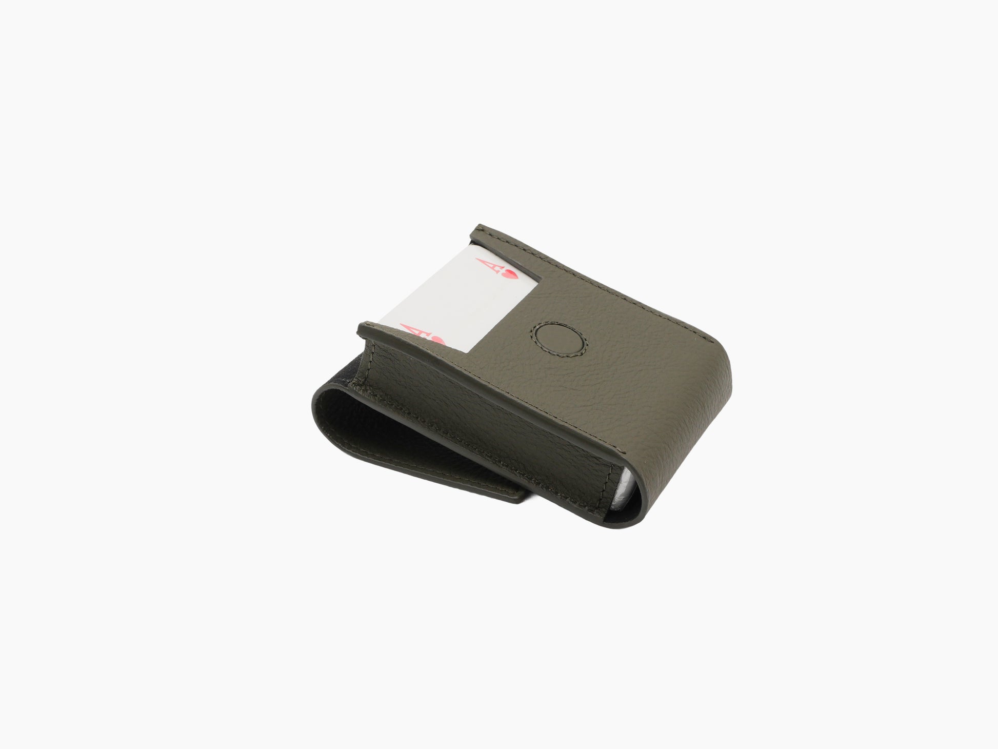 Olive green leather card holder with a card partially pulled from a slot.