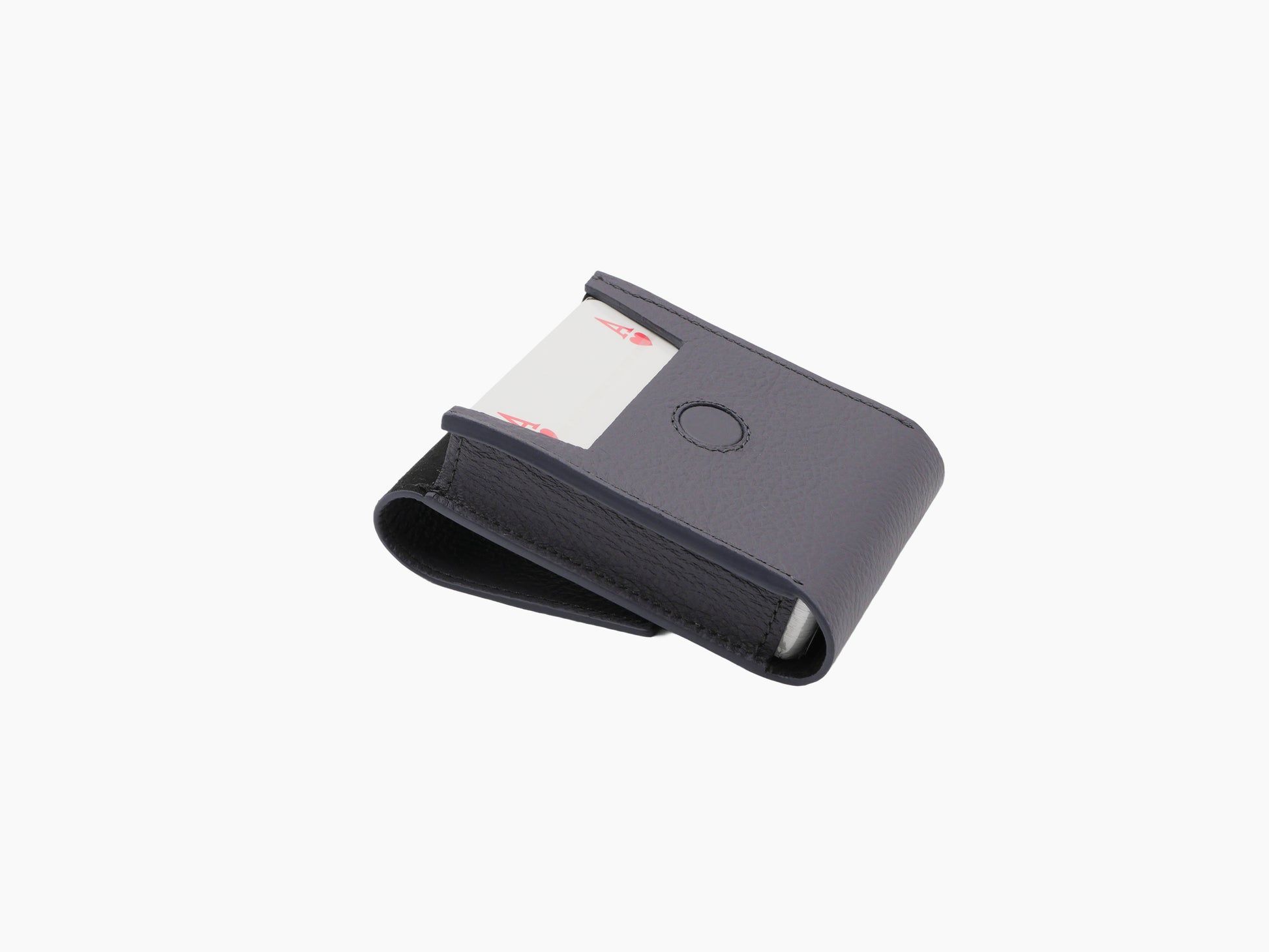 Grey Pelle Frau leather playing cards pochette holding a deck partially inserted