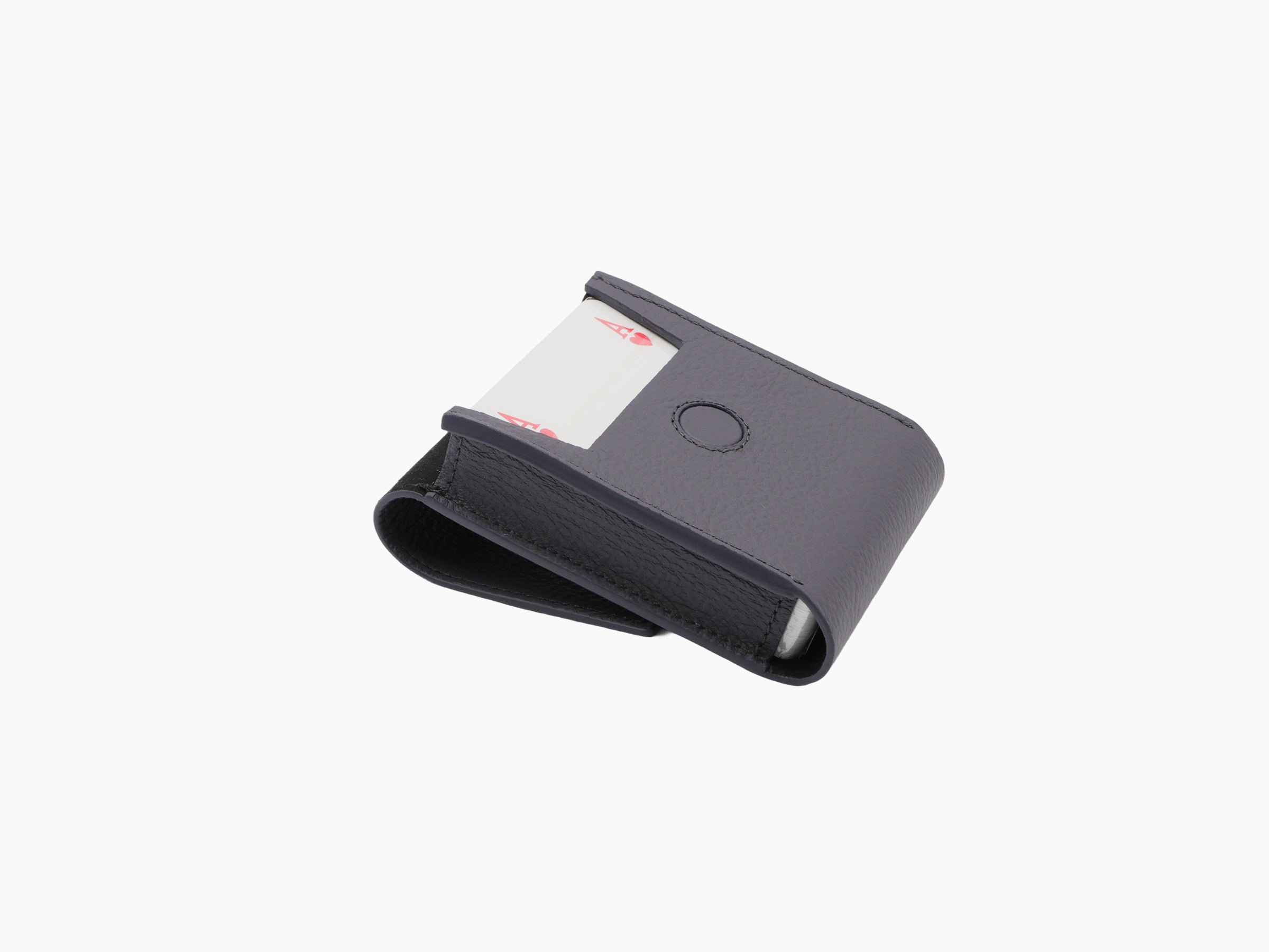 Grey Pelle Frau leather playing cards pochette holding a deck partially inserted