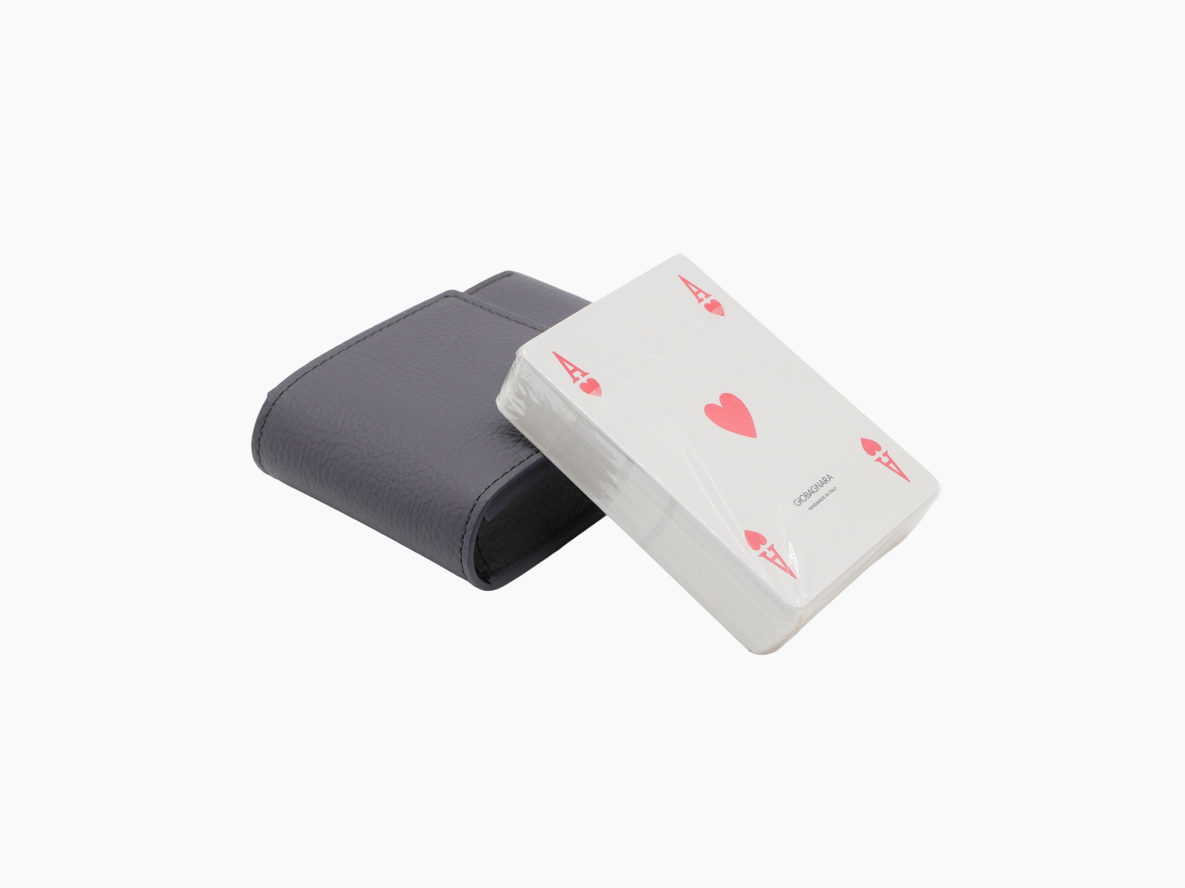 Purple Pelle Frau leather playing cards pochette with a sealed deck of Giobagnara cards