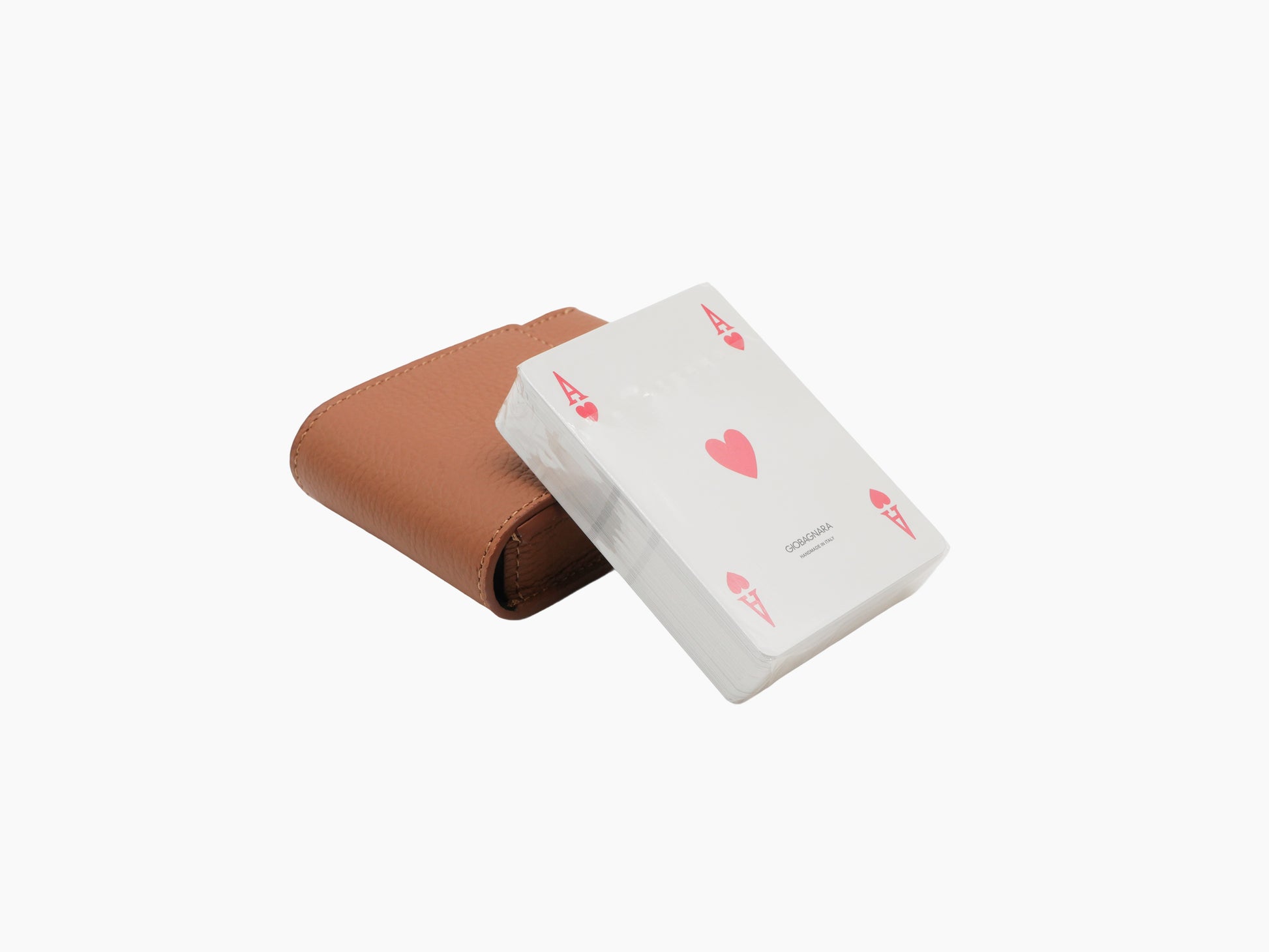 Brown Pelle Frau leather playing cards pochette with a deck of Giobagnara cards wrapped in plastic