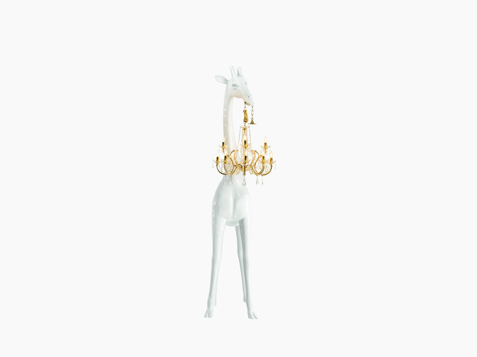 White Giraffe in Love XS sculpture with a gold crystal chandelier hanging from its neck.