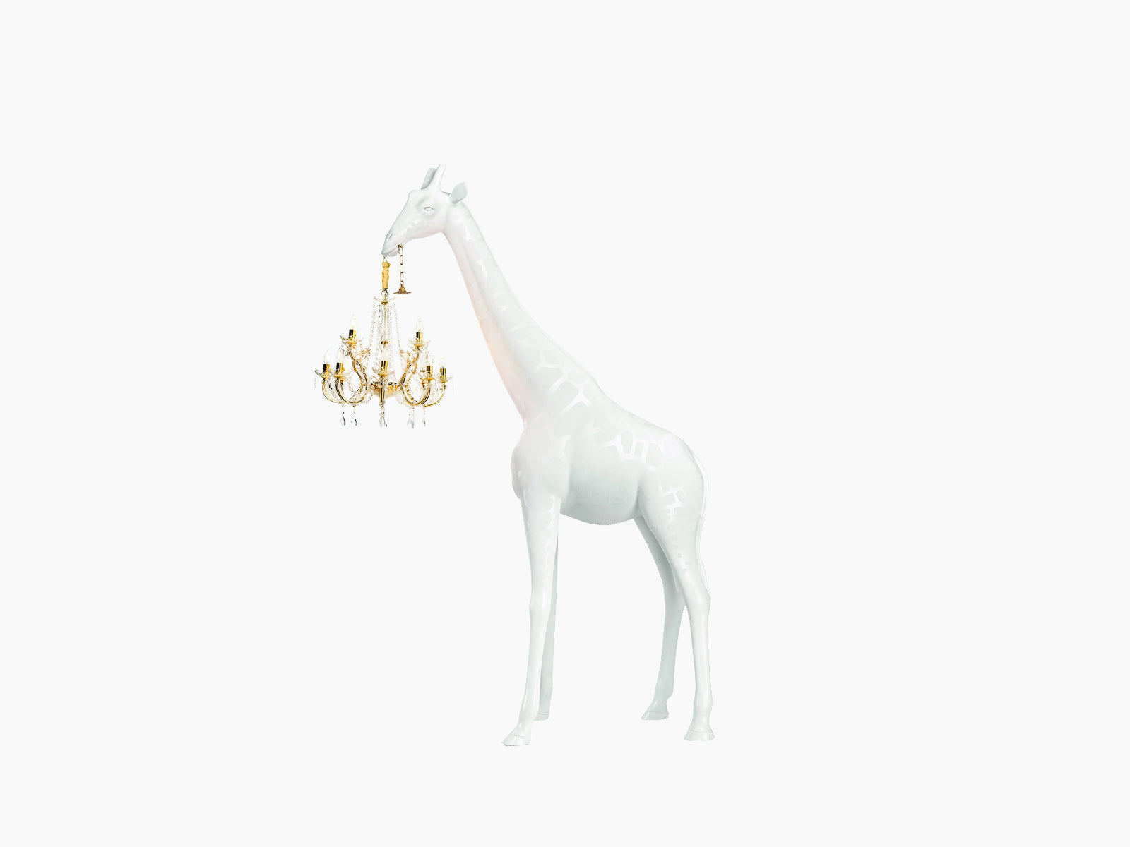 White Giraffe in Love XS sculpture holding a gold crystal chandelier