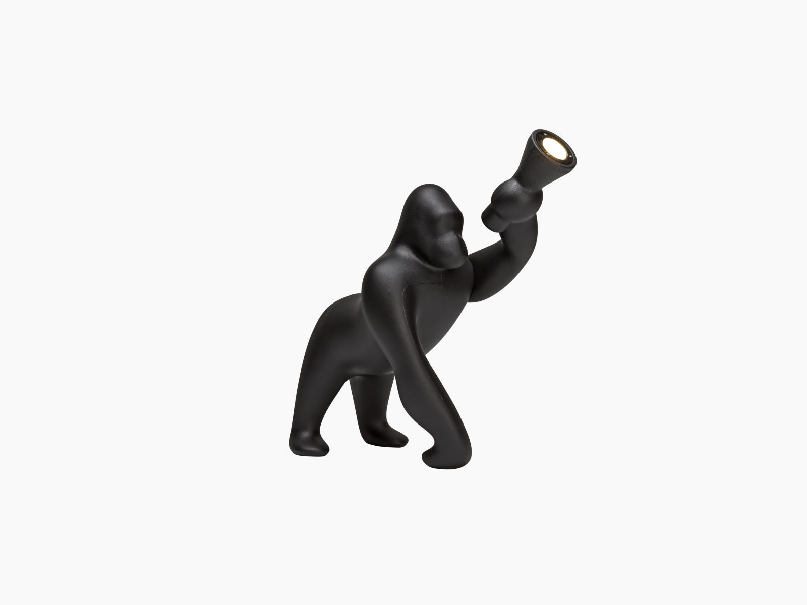 Kong XS black gorilla lamp with an adjustable arm shown unlit