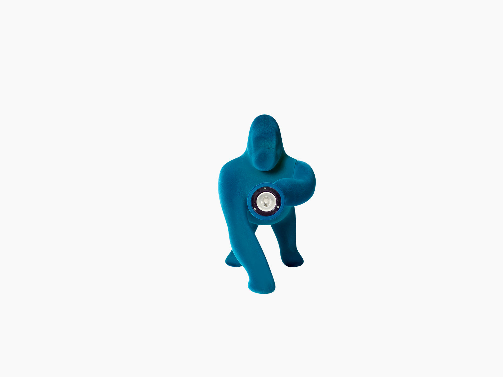Kong XS velvet light blue gorilla lamp shown in a close up with the light head facing the camera.