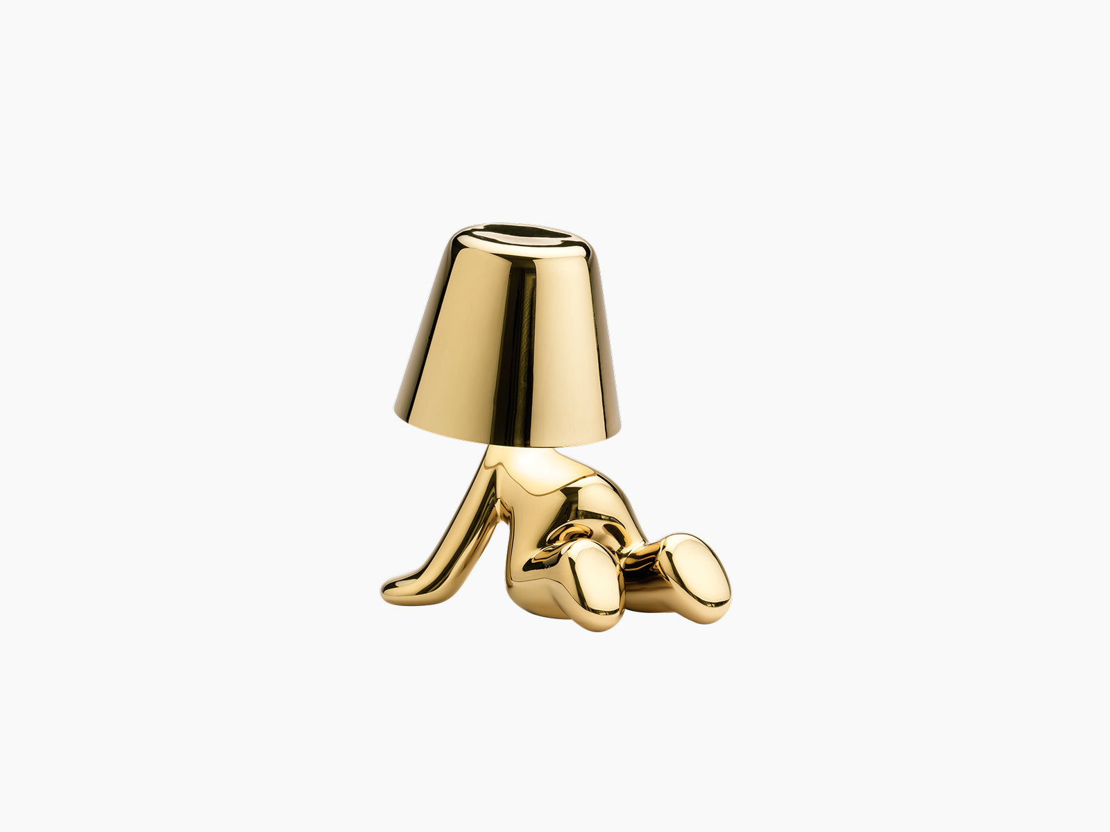 Golden Brothers Ron lamp in gold with a lounging sculptural form and conical shade