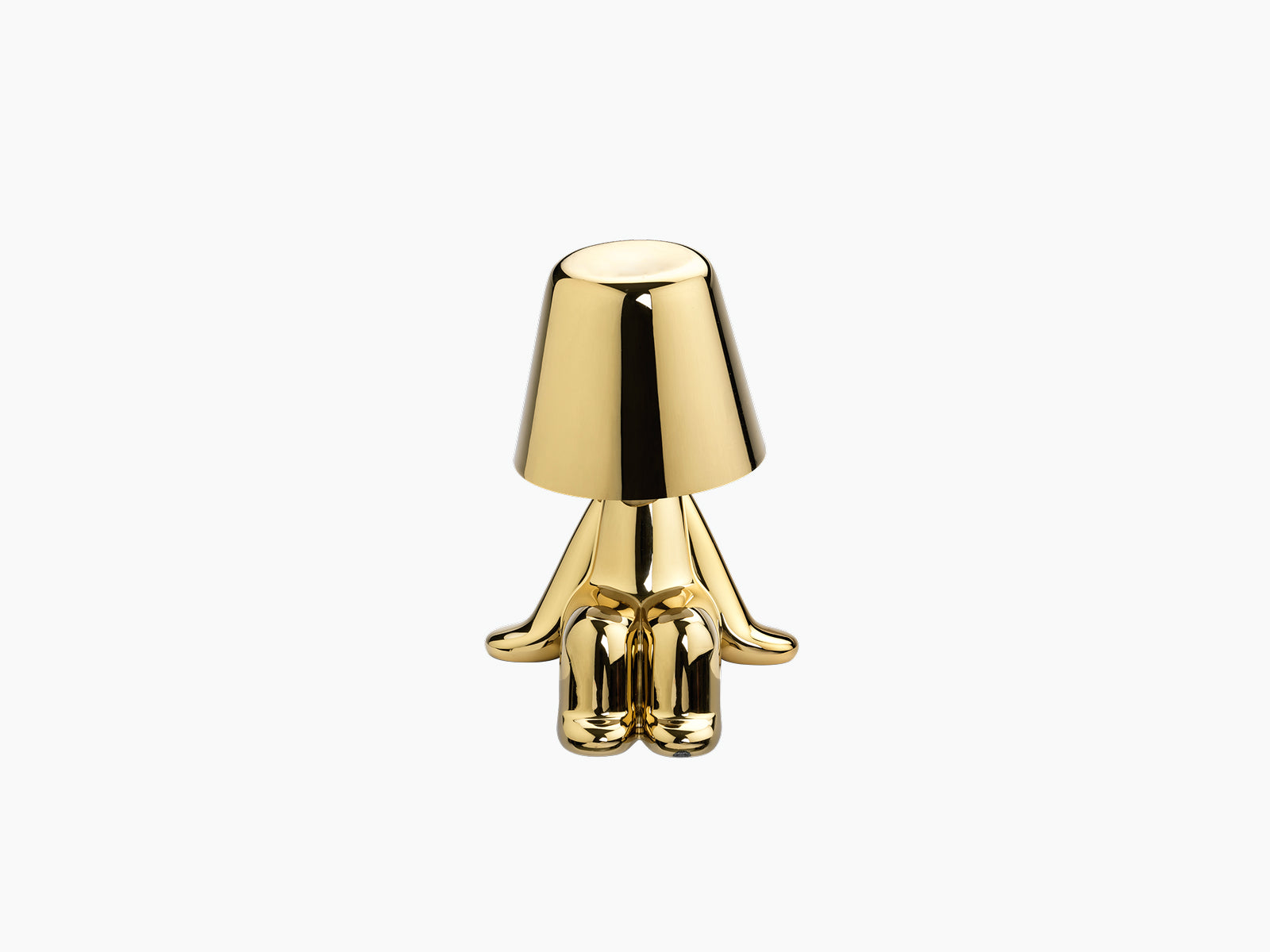 Sculptural gold Sam lamp from the Golden Brothers collection with a cone shade on a white backdrop.