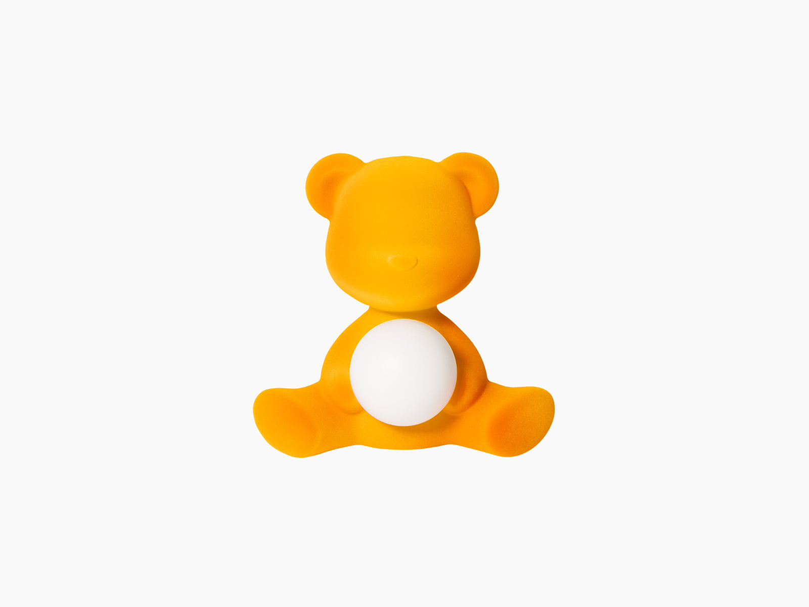 Velvet Dark Gold Teddy Girl LED Lamp seated with a glowing white sphere resting in its lap