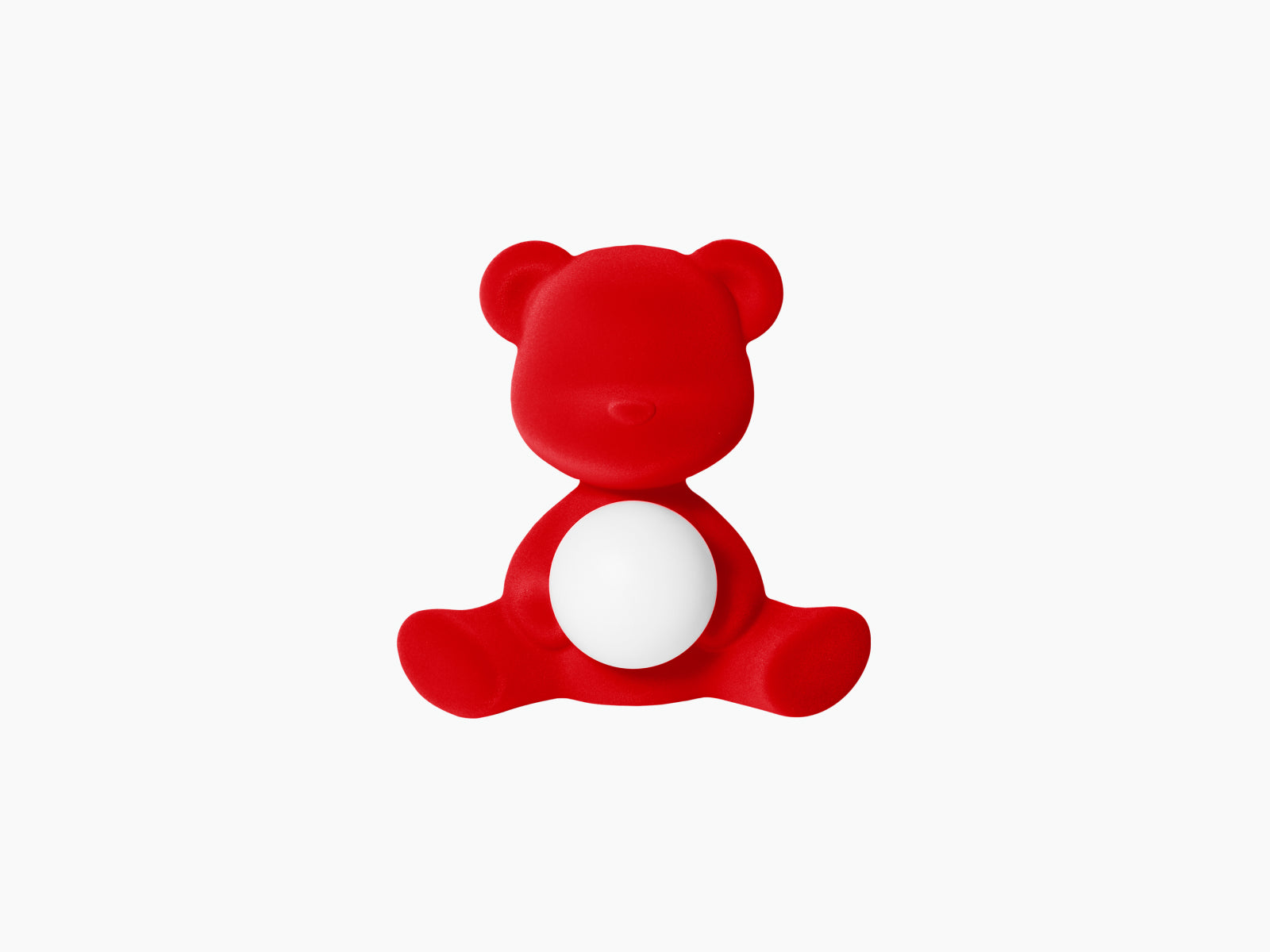 Velvet red Teddy Girl LED lamp embraces a glowing white sphere.