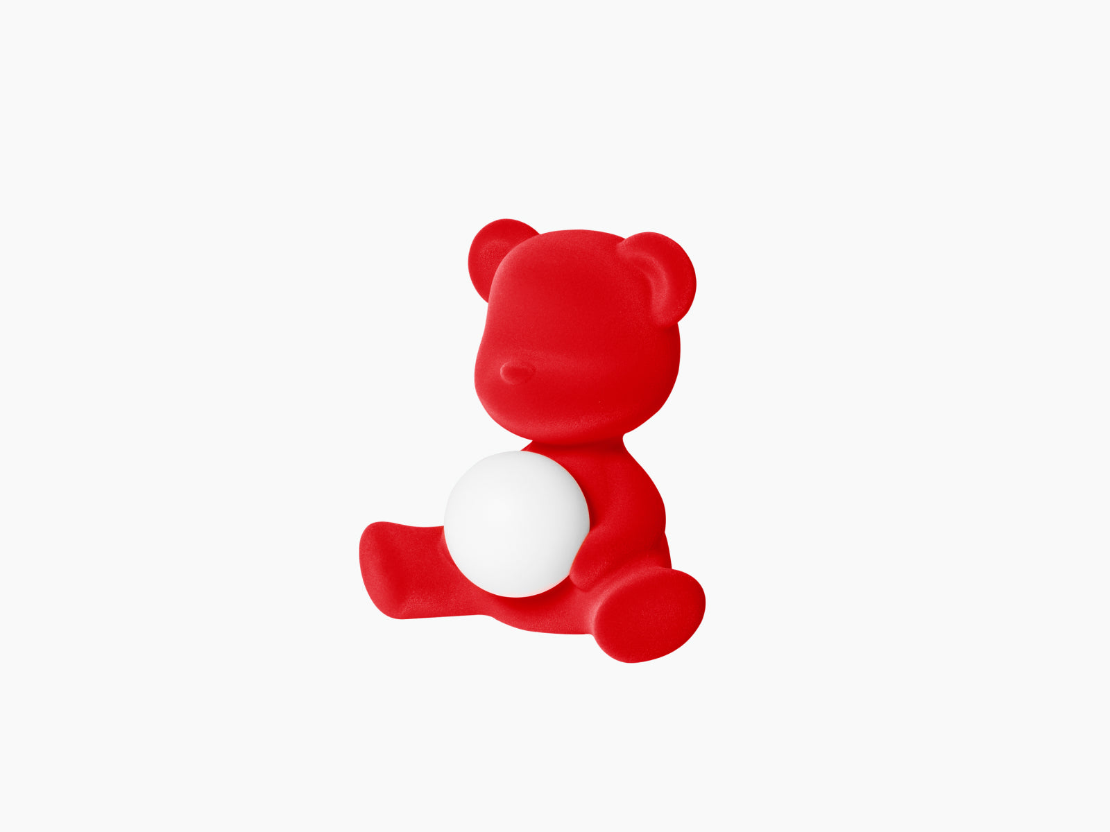 Velvet red Teddy Girl LED lamp shown with a glowing white sphere nestled in front of its body.