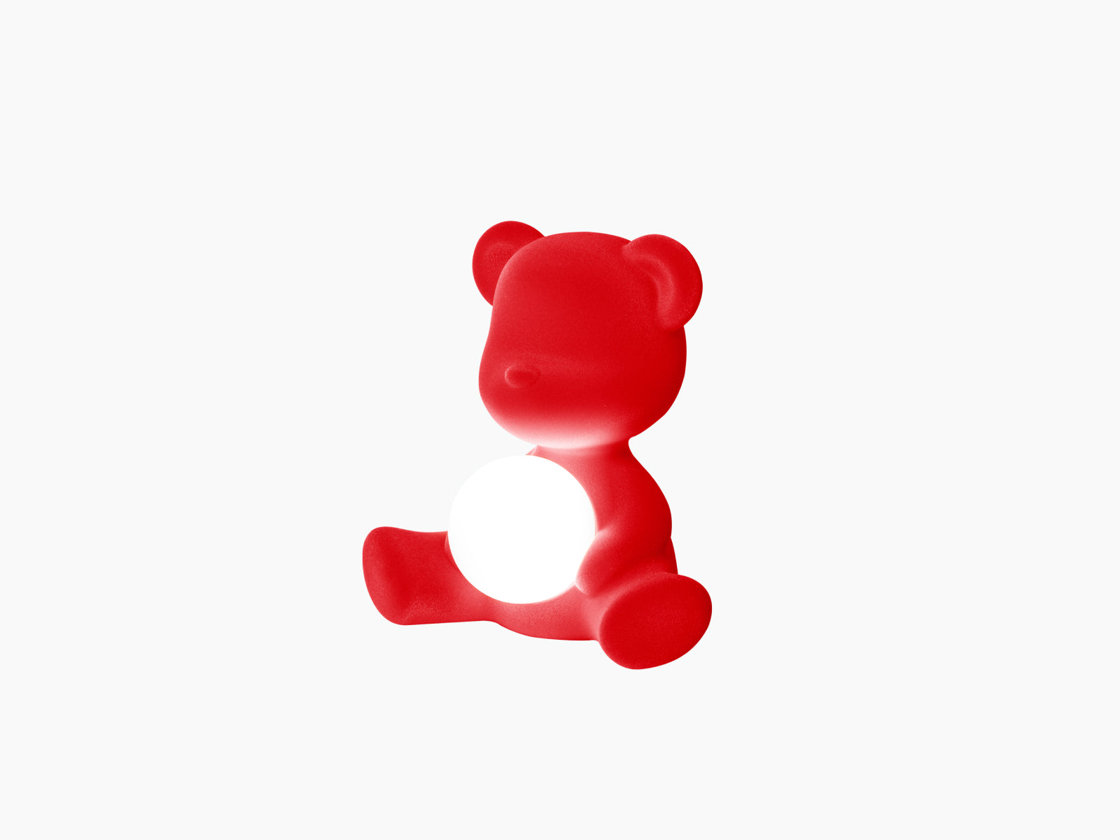 Velvet red Teddy Girl LED lamp sits upright holding a glowing white sphere.