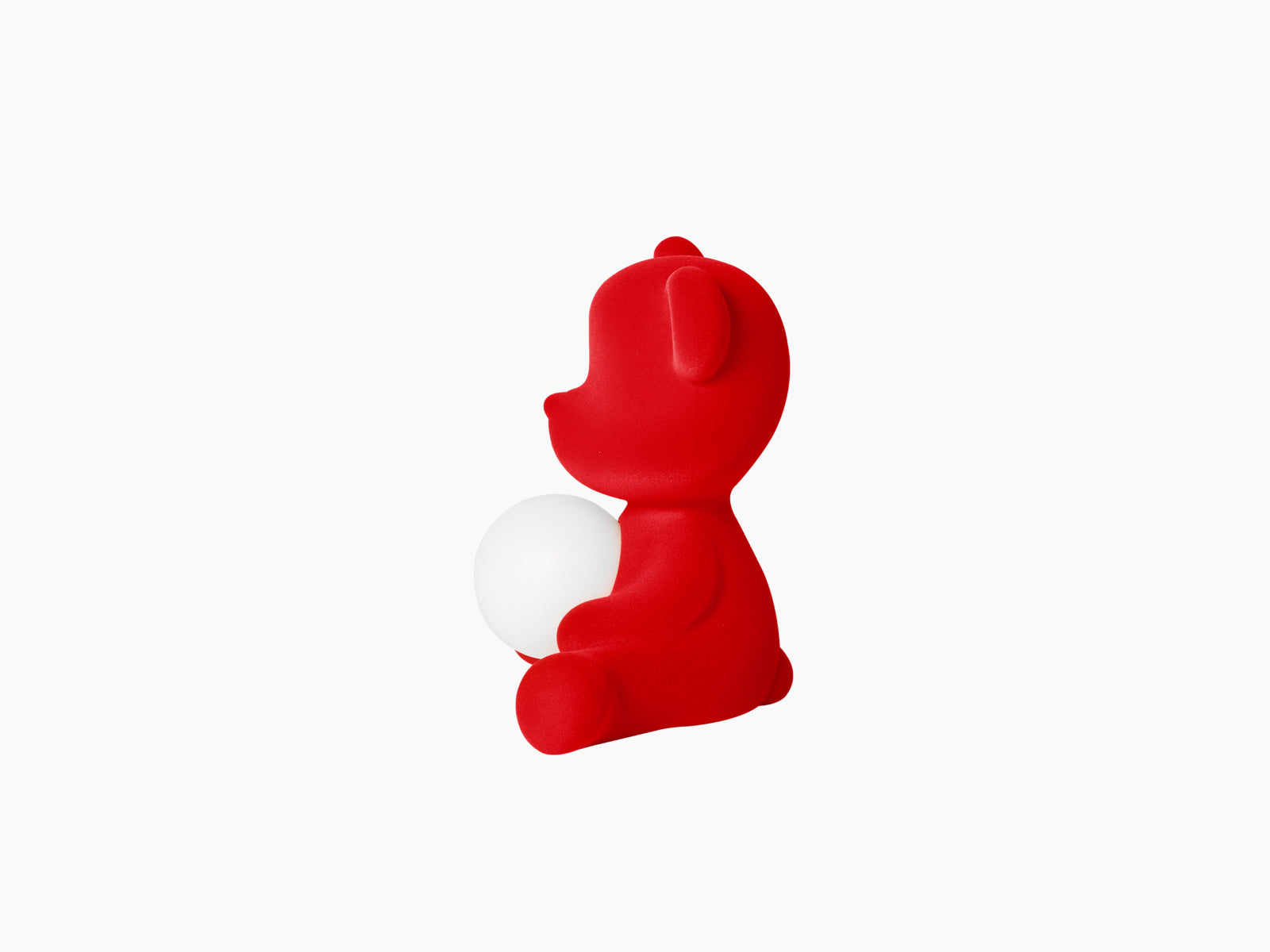 Side view of Velvet Red Teddy Girl LED lamp holding a glowing white sphere.