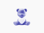 Velvet blue violet Teddy Love LED Lamp XS bear sitting and holding a white heart
