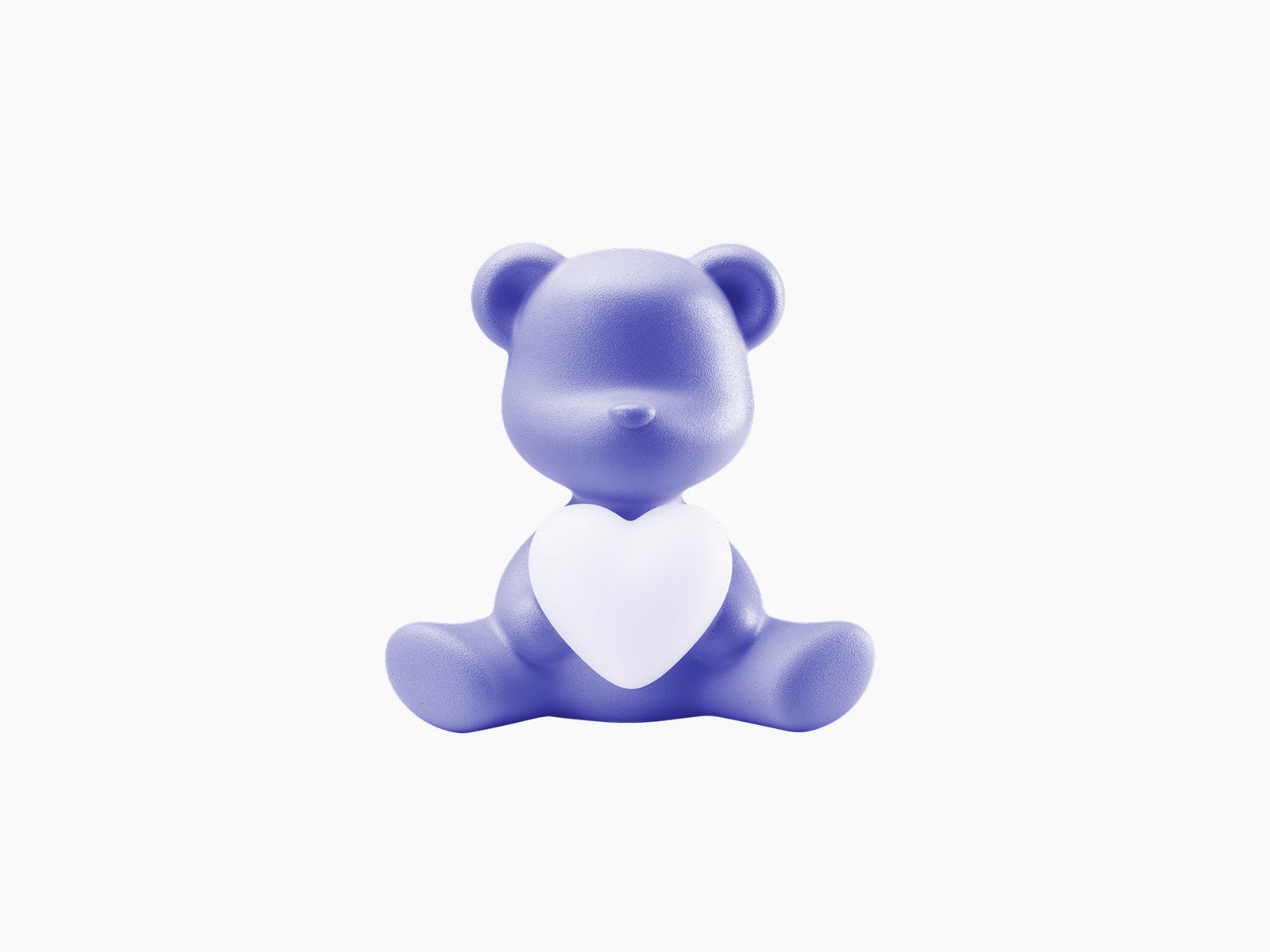 Velvet blue violet Teddy Love LED Lamp XS bear sitting and holding a white heart