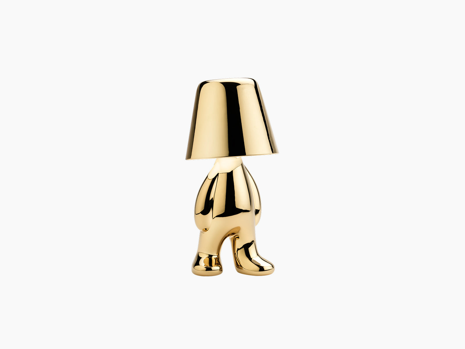 Golden Brothers Tom lamp sculpture in polished gold with a cone shade atop a standing sculpted figure