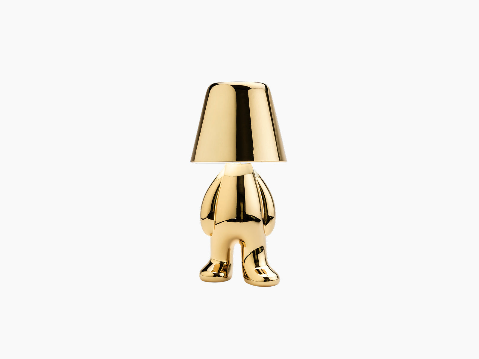 Golden Tom lamp sculpture in mirrorlike gold finish with a conical shade on a standing figure