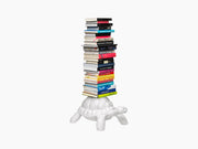 White Turtle Carry Bookcase bearing a tall stack of colorful books on its back