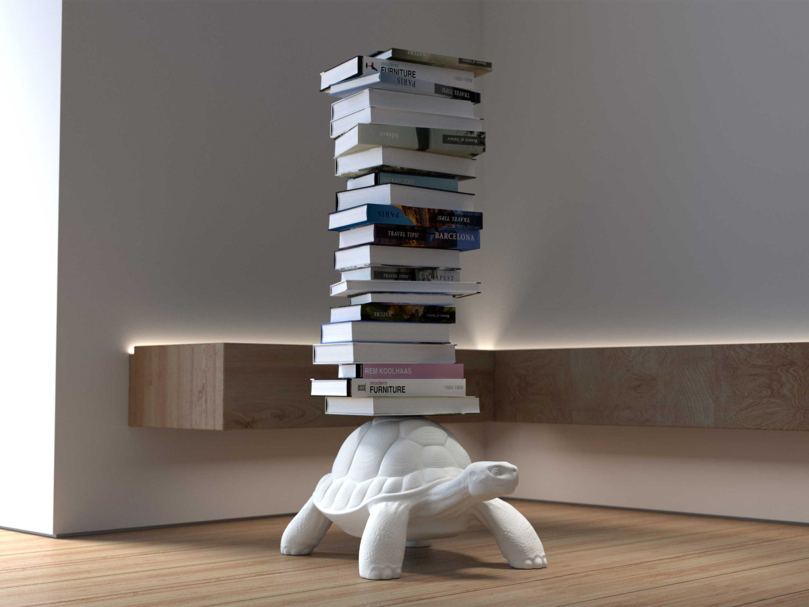 White Turtle Carry Bookcase designed by Marcantonio with books stacked on its back