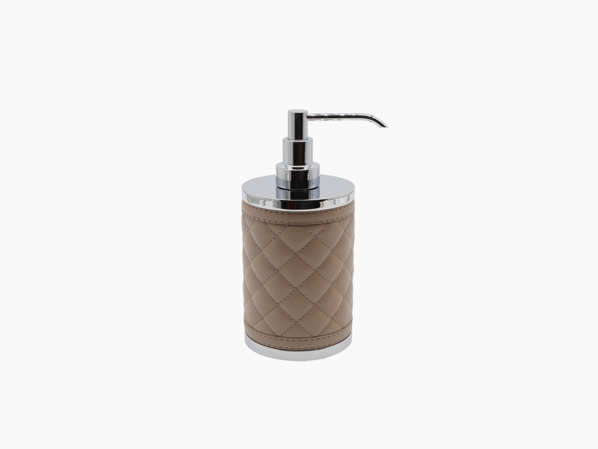 Alghero Diamonds Soap Dispenser with beige diamond-quilted leather wrap and chrome pump