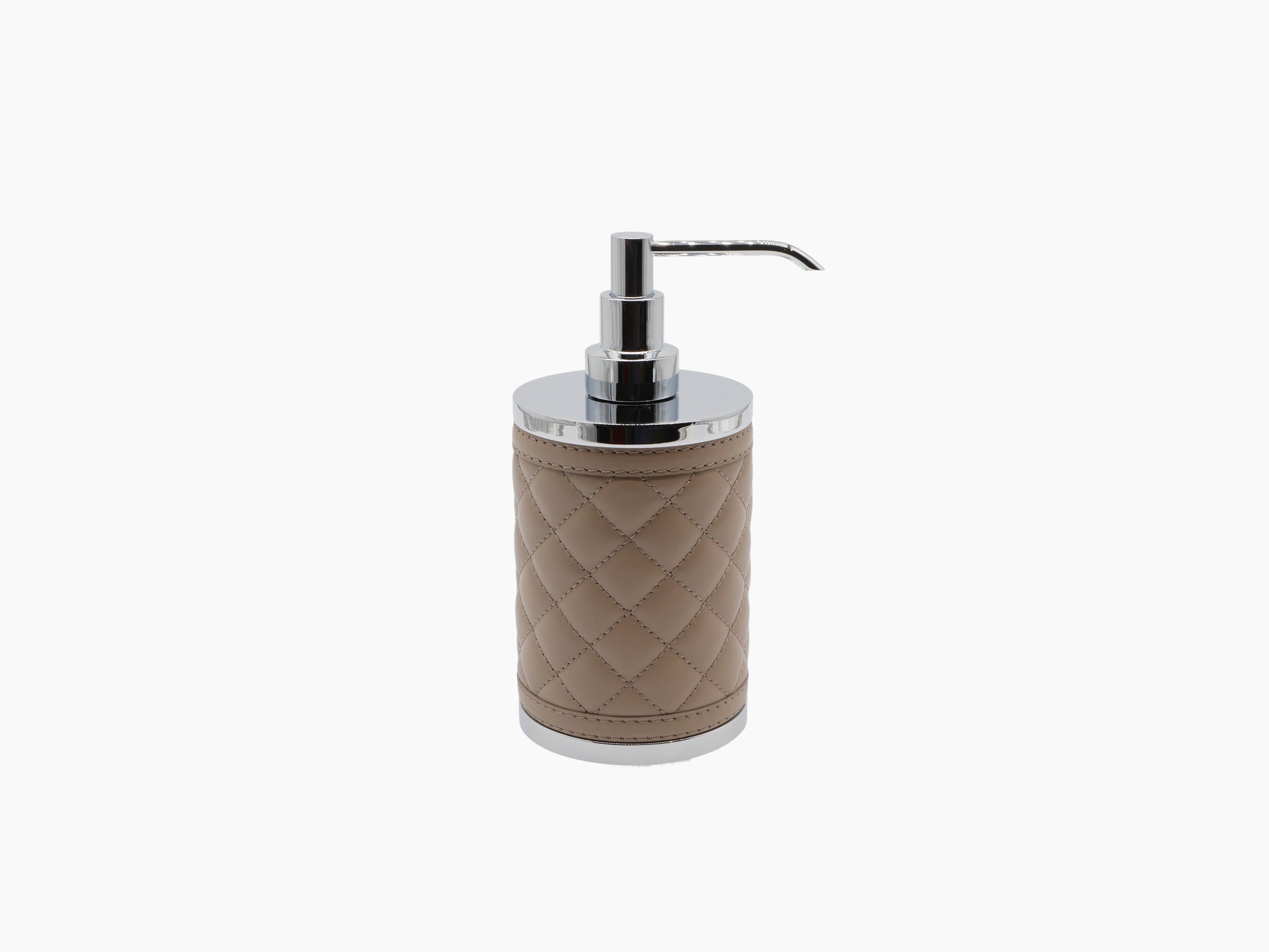 Alghero Diamonds Soap Dispenser with beige diamond-quilted leather wrap and chrome pump