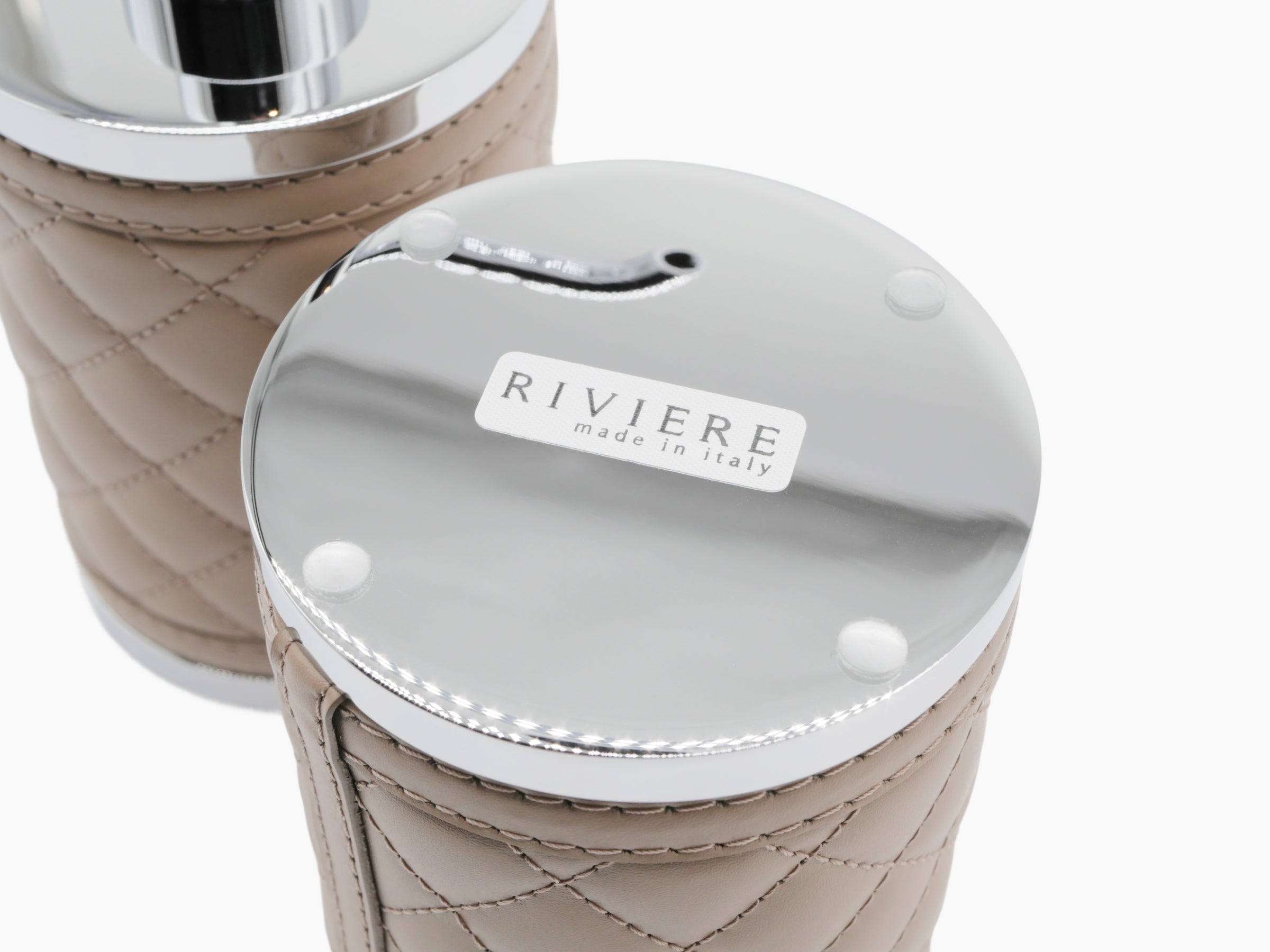 Alghero Diamonds soap dispenser with beige quilted leather wrap and chrome top