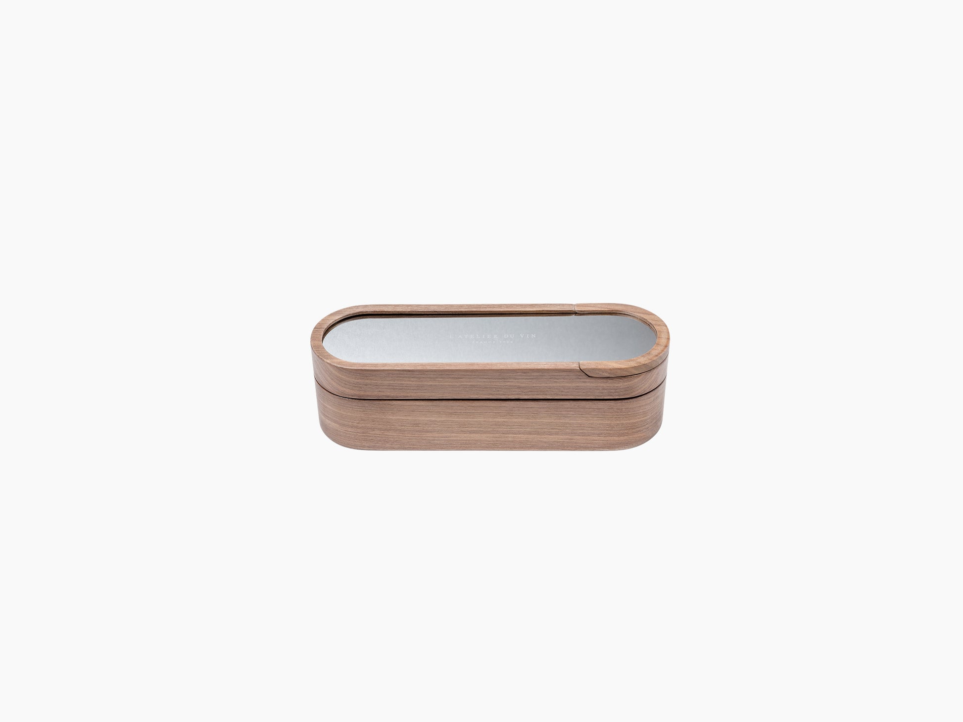 Closed walnut wood Sparkling Set box with rounded oval top