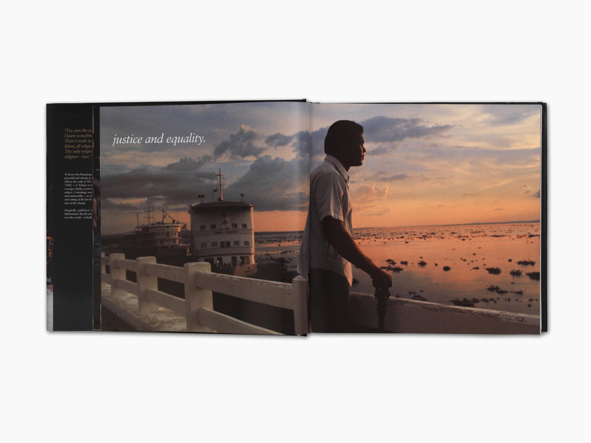Open book spread from Greatest of All Time showing a man by a sunset harbor with boats and the words justice and equality.