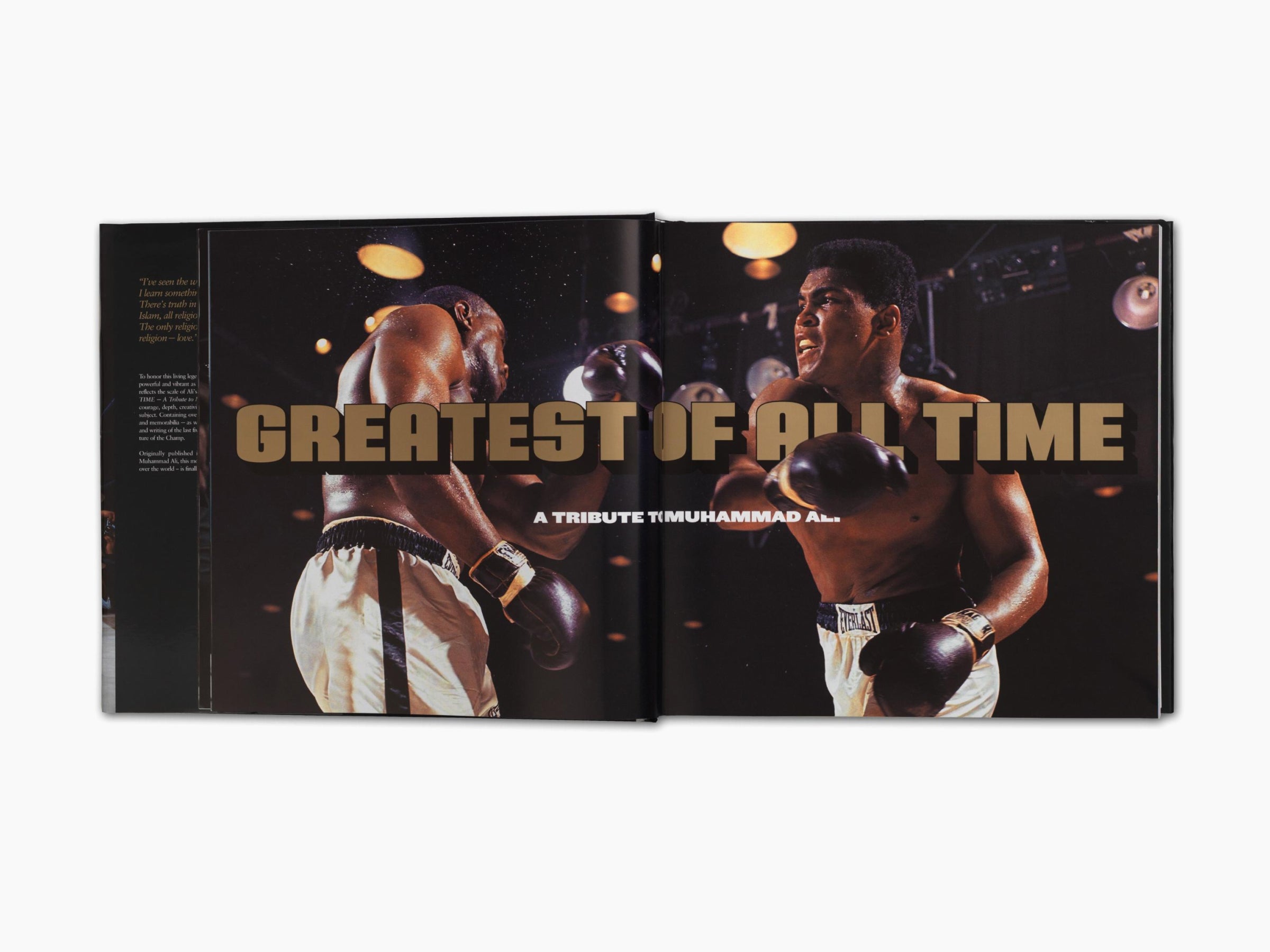 Open book spread showing a boxing match with two fighters and a bold Greatest of All Time title across the pages.