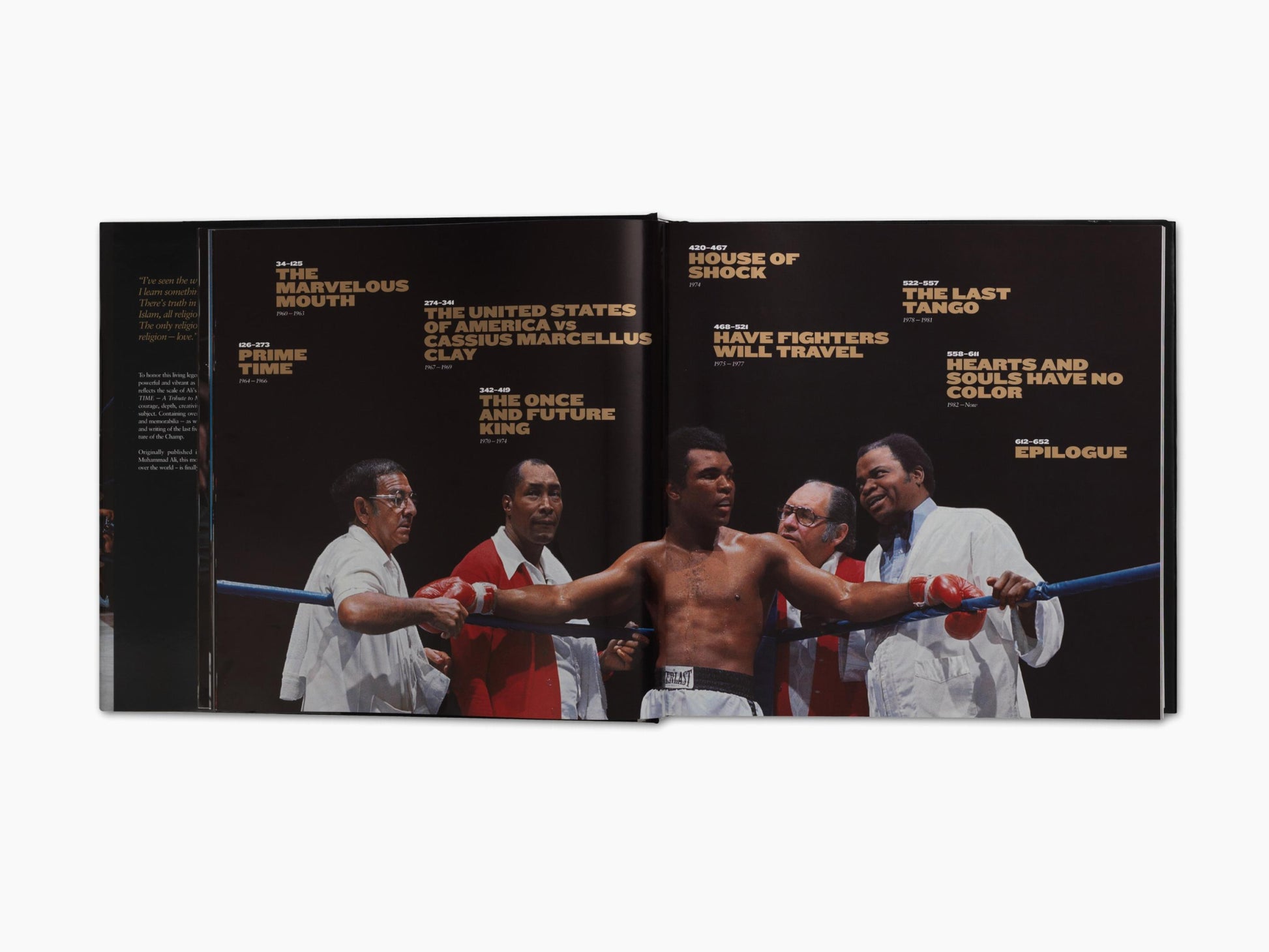 Two page spread from Greatest of All Time showing a montage of fight titles on a dark background with a boxer in the foreground