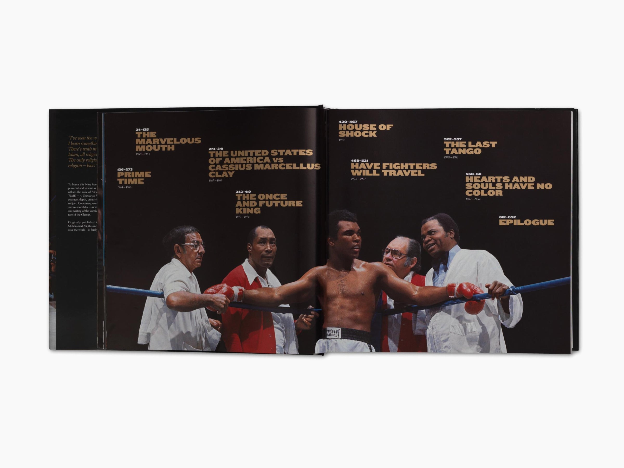 Two page spread from Greatest of All Time showing a montage of fight titles on a dark background with a boxer in the foreground