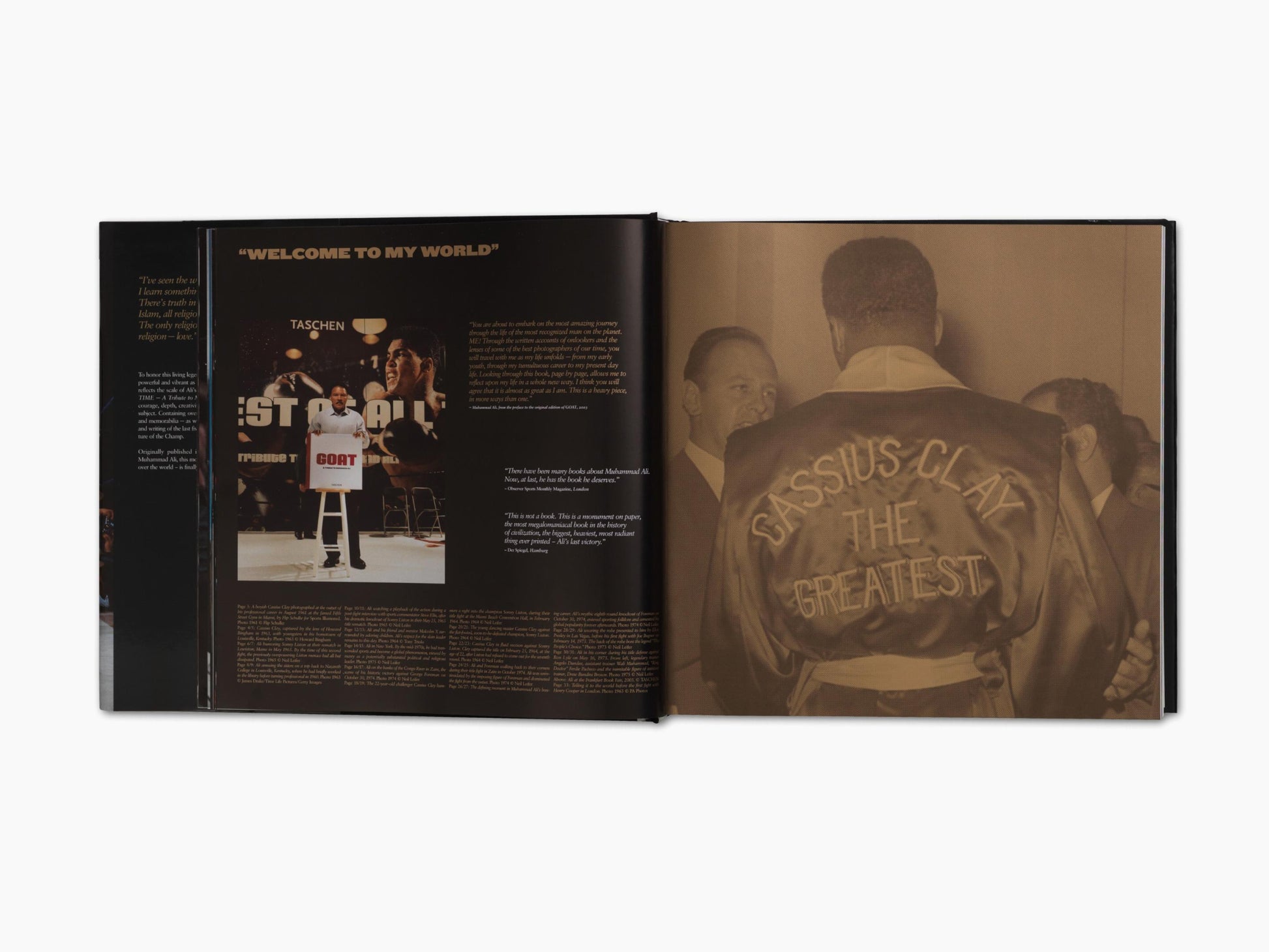 Open book spread about Muhammad Ali showing a man holding a GOAT placard on the left and a back of a Cassius Clay The Greatest jacket on the right.
