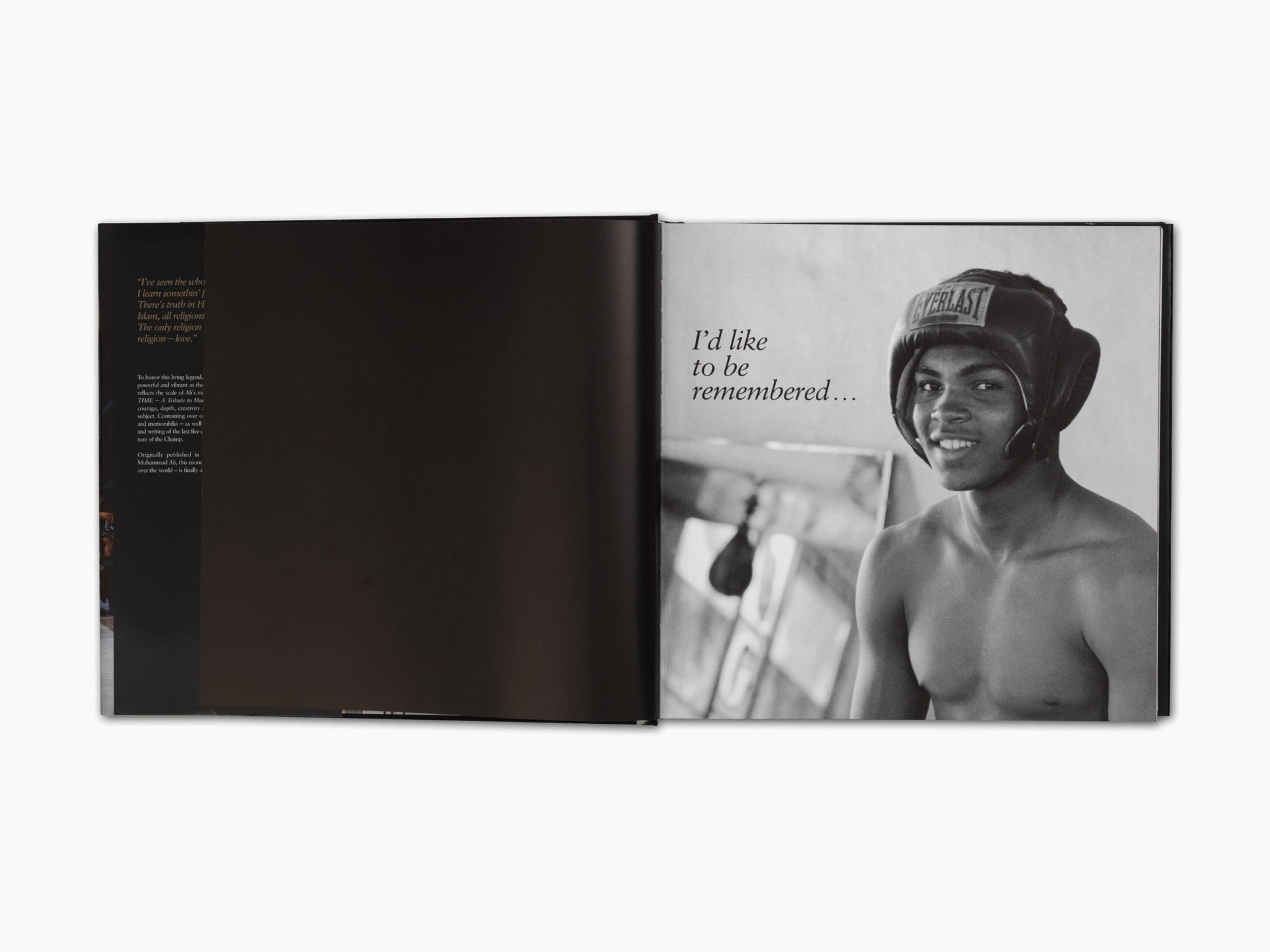 Two page spread with a dark left page and a black and white portrait of a young boxer wearing a helmet on the right with the caption I’d like to be remembered.