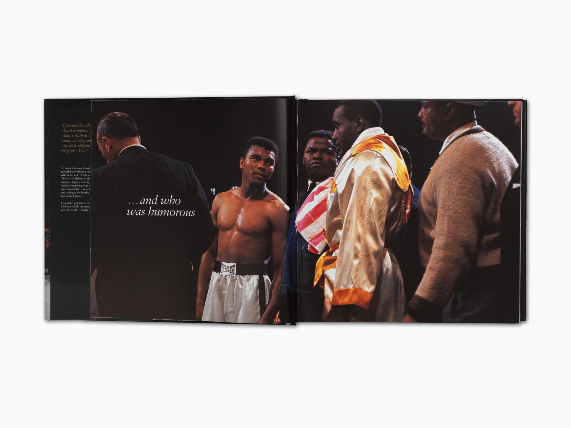Spread from Greatest of All Time tribute featuring Muhammad Ali among entourage backstage before a fight