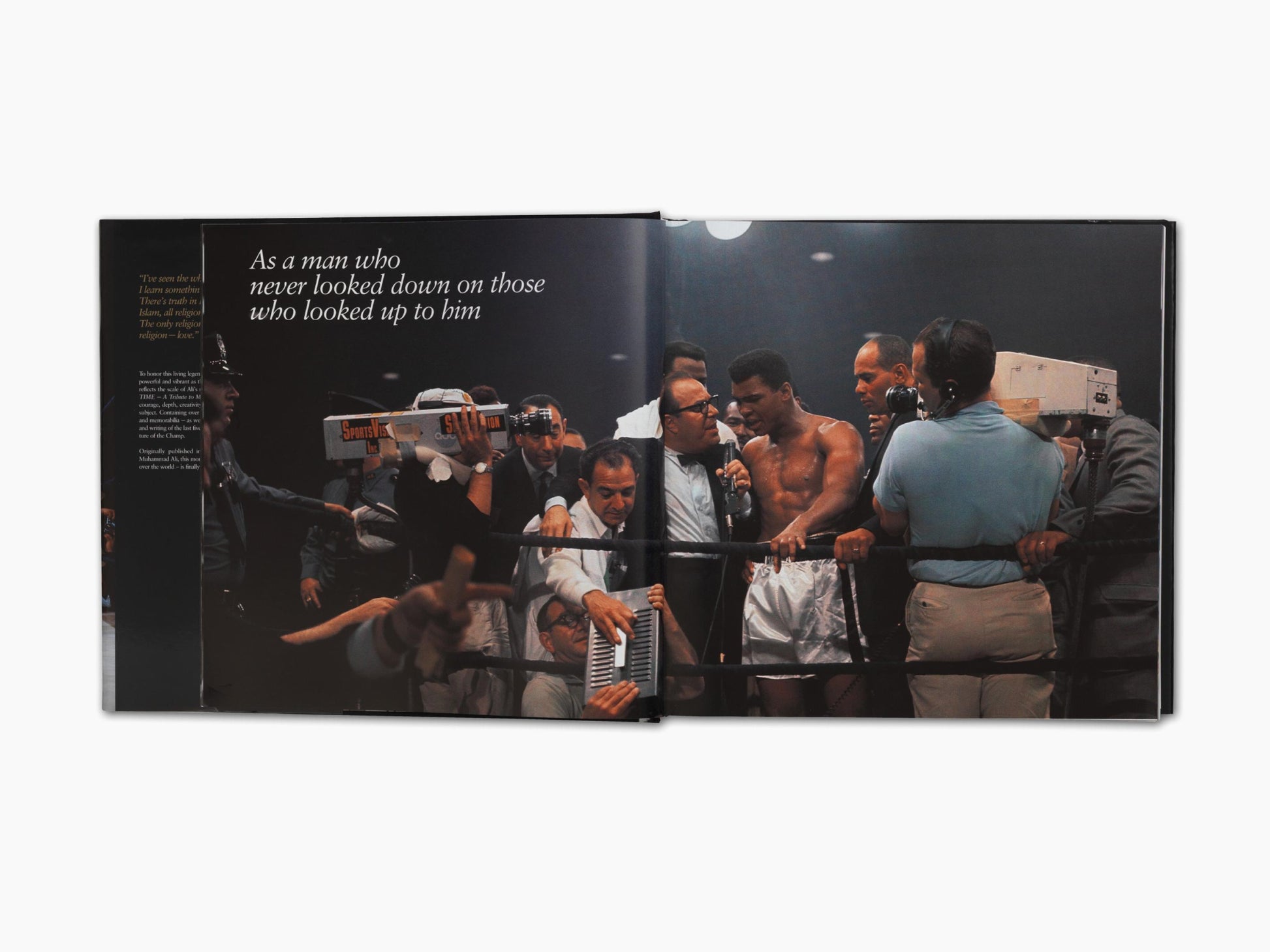 Two page spread from Greatest of All Time featuring Muhammad Ali surrounded by entourage on a boxing stage