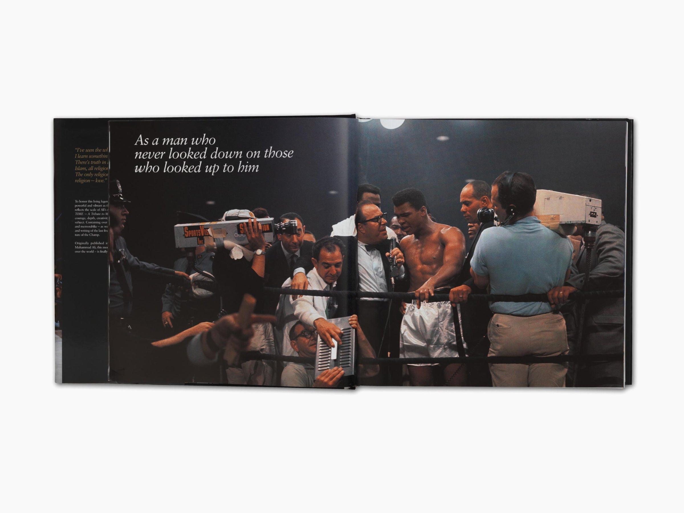 Two page spread from Greatest of All Time featuring Muhammad Ali surrounded by entourage on a boxing stage