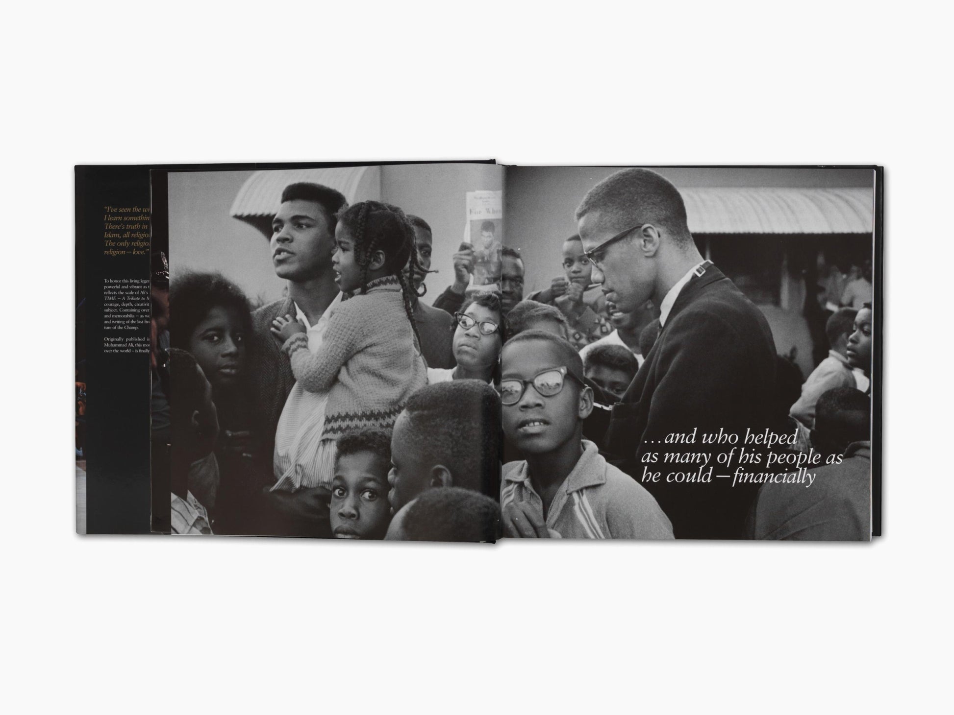 Two page spread with a dark left page and a grayscale photo of Muhammad Ali in a crowd wearing a suit with a caption about helping his people financially.
