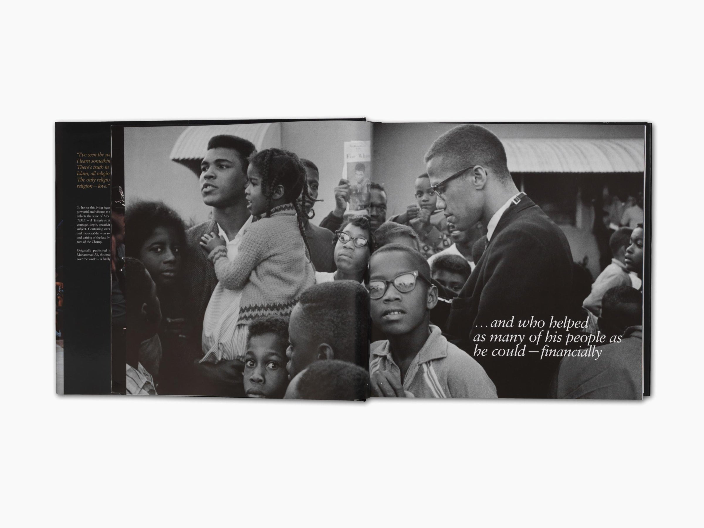 Two page spread with a dark left page and a grayscale photo of Muhammad Ali in a crowd wearing a suit with a caption about helping his people financially.