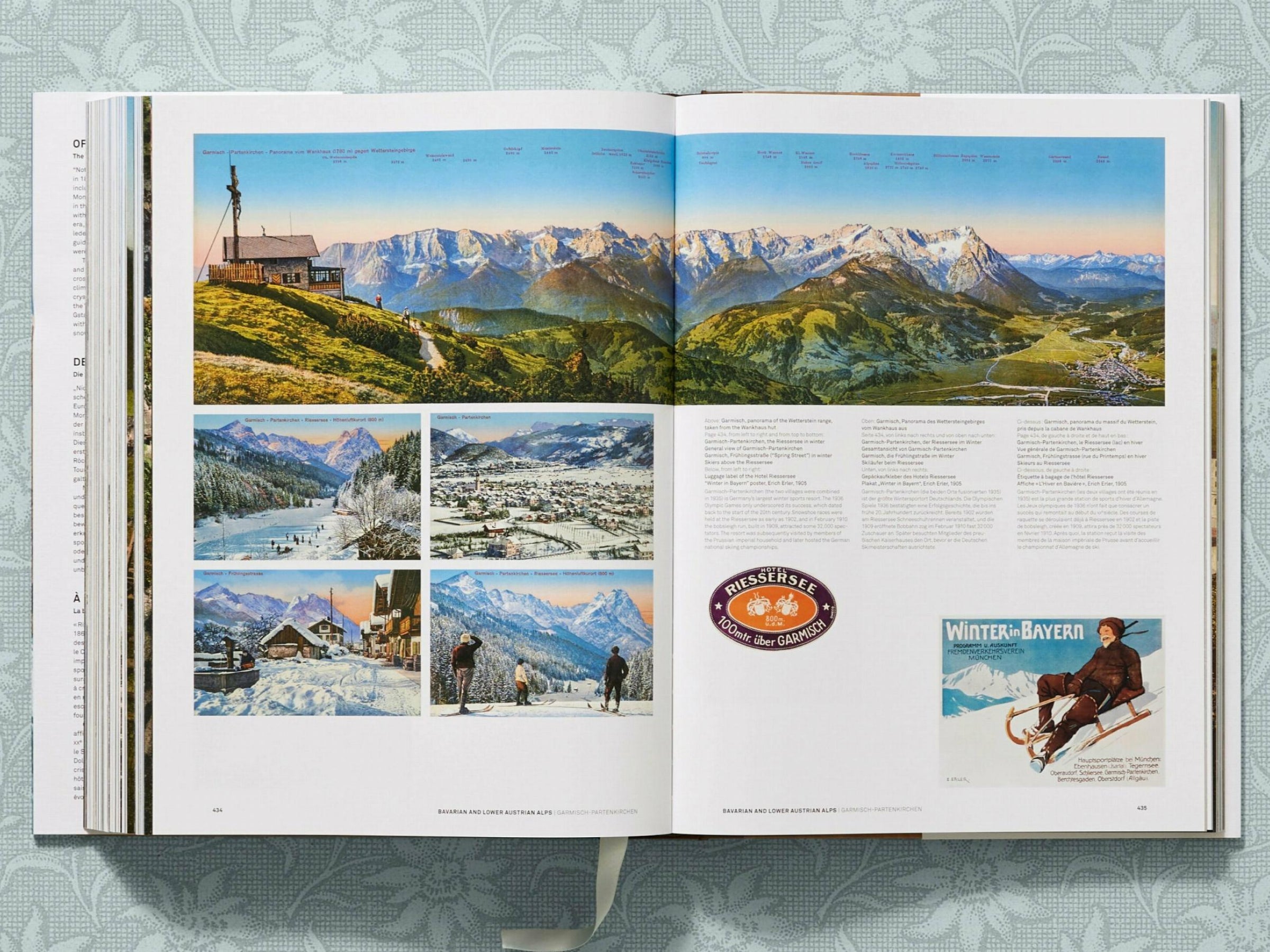 Panoramic alpine landscape across two pages with snow-capped peaks and a collage of small photos and vintage ski memorabilia.