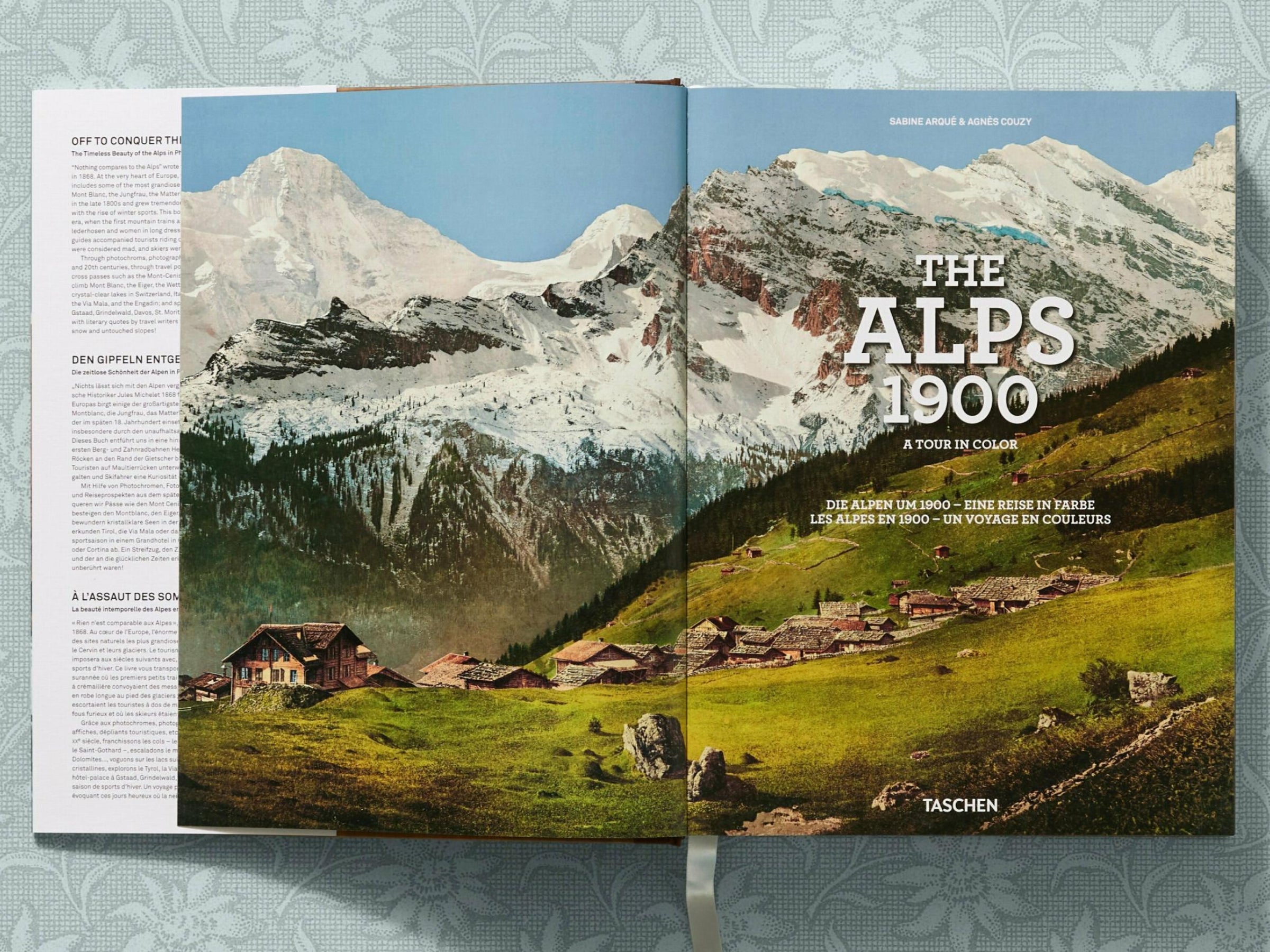 Cover of The Alps 1900 A Tour in Color featuring snowcapped peaks and a green valley with cottages.