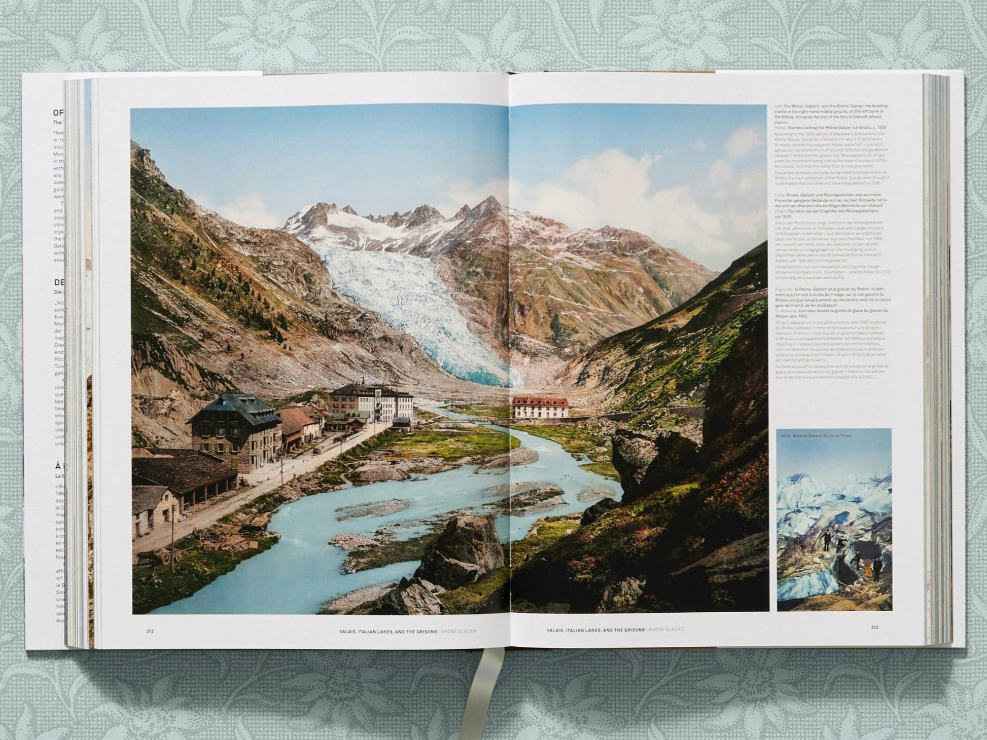 Two page spread showing an Alpine valley with a glacier and village, and a small inset photo on the right.