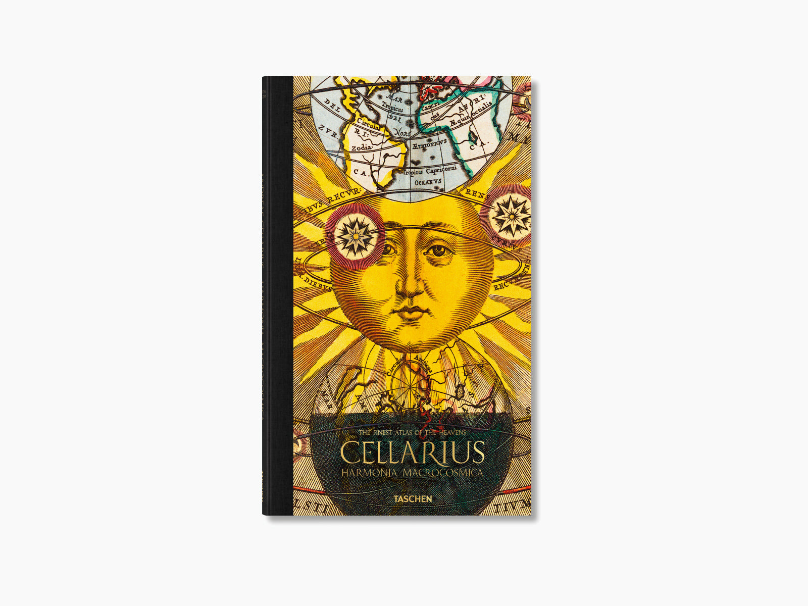 Cellarius Harmonia Macrocosmica atlas cover with a radiant sun and celestial map motif
