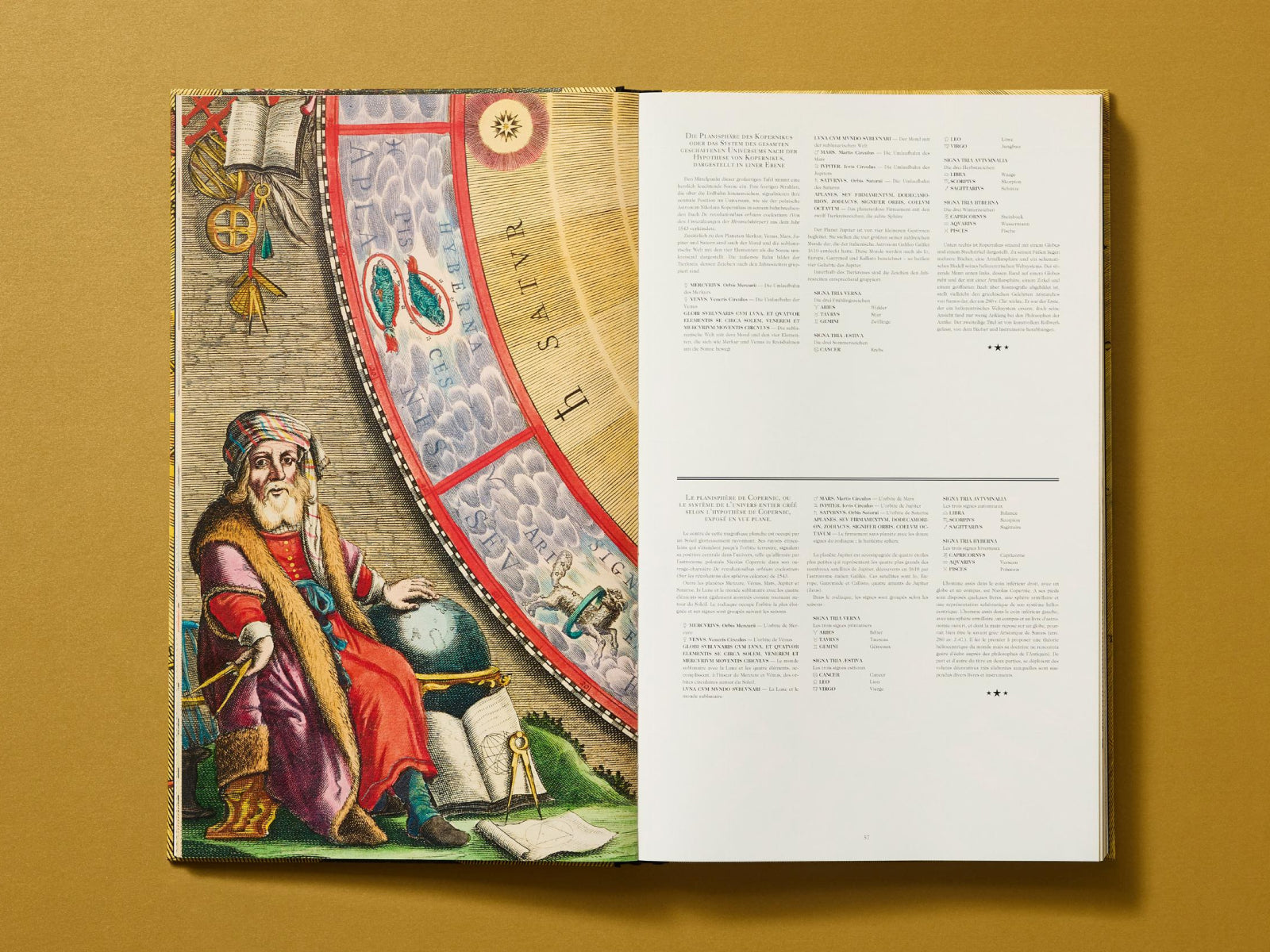 Left page shows a colorful allegorical engraving with a scholar, globe and instruments; right page lists contributors.