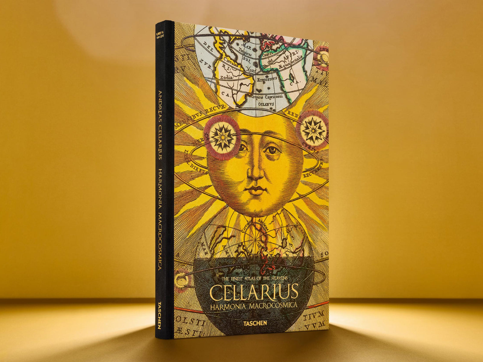 Cellarius Atlas hardcover standing upright against a warm yellow background