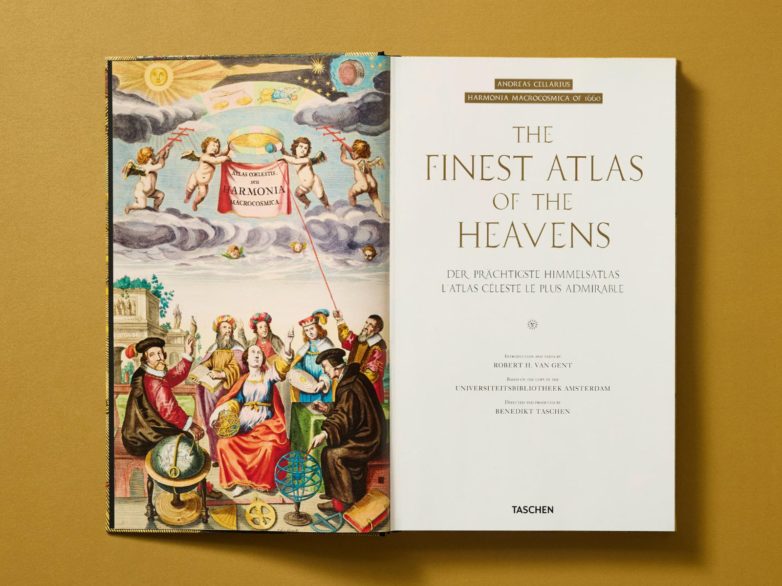 Left page shows a colorful allegorical scene with scholars and celestial instruments; right page bears The Finest Atlas of the Heavens.