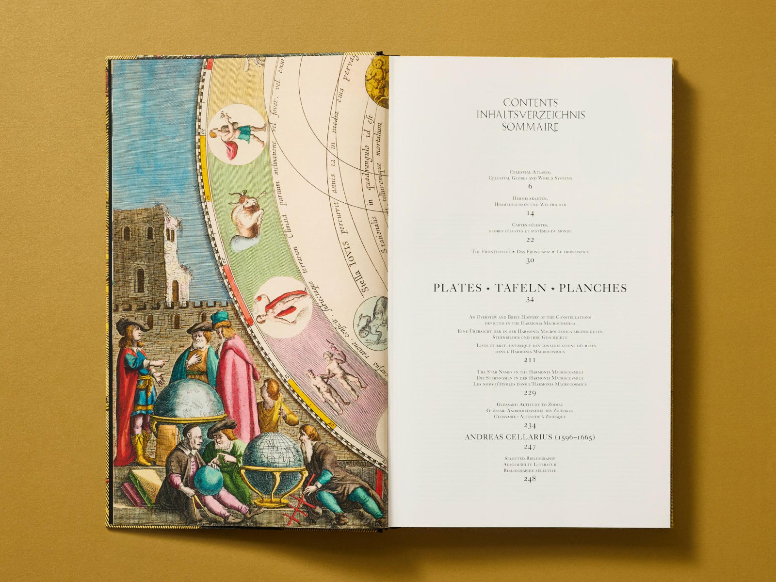 Open Cellarius Atlas spread with a colorful celestial allegory on the left and a minimalist contents page on the right.