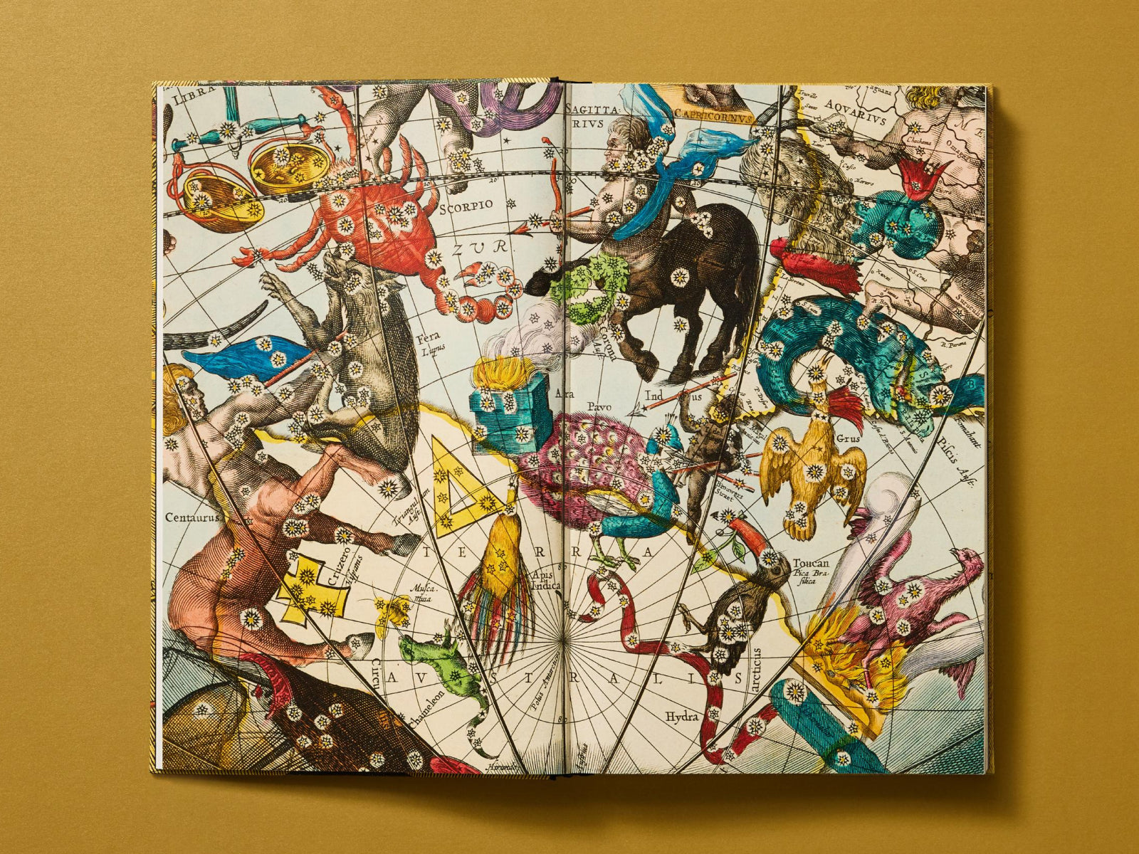 Open Cellarius Atlas page showing a circular multi color spiral celestial diagram with zodiac signs and figures.