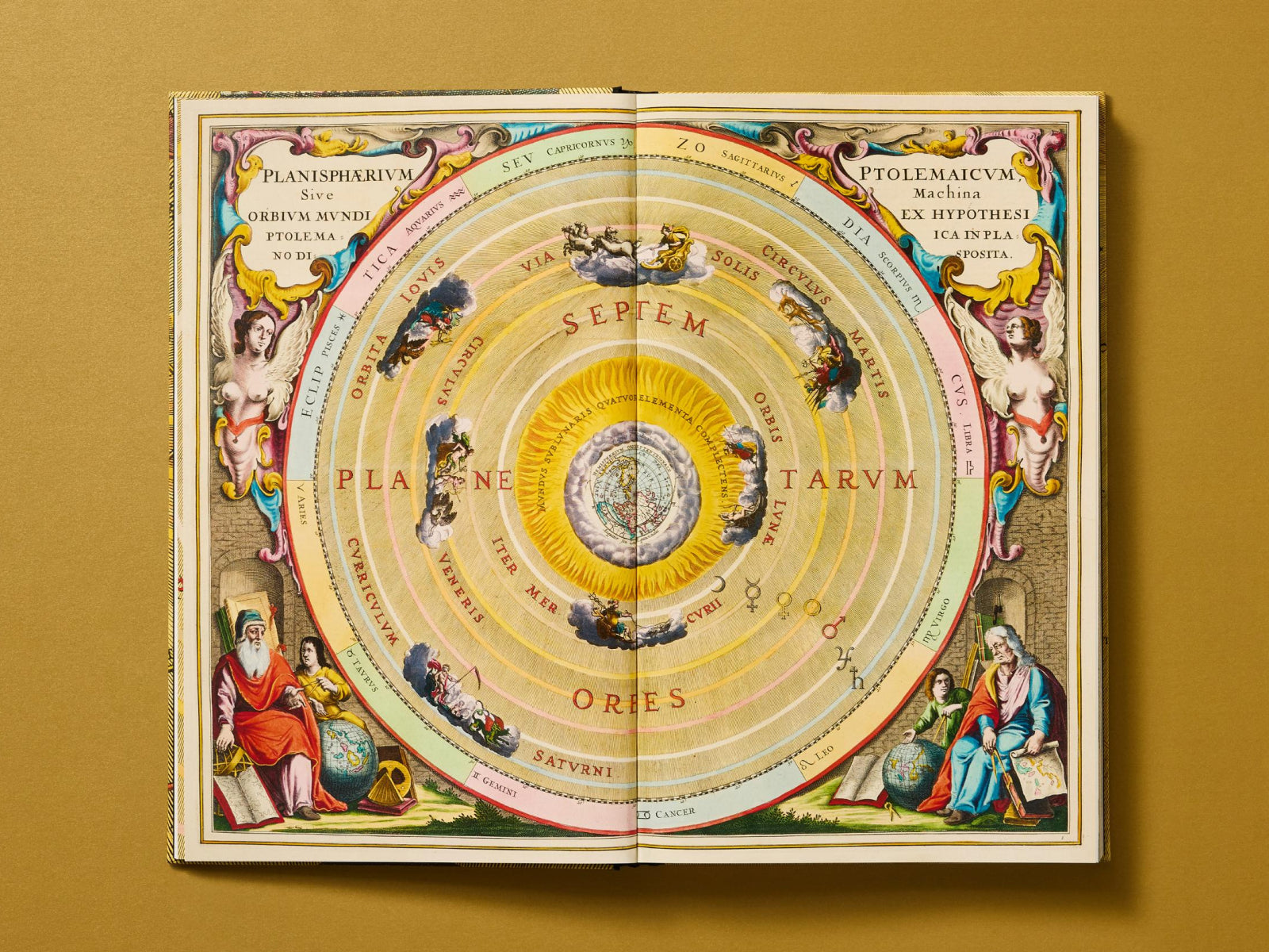 Open Celarius Atlas of the Heavens spread displaying a colorful celestial map with ornate borders.