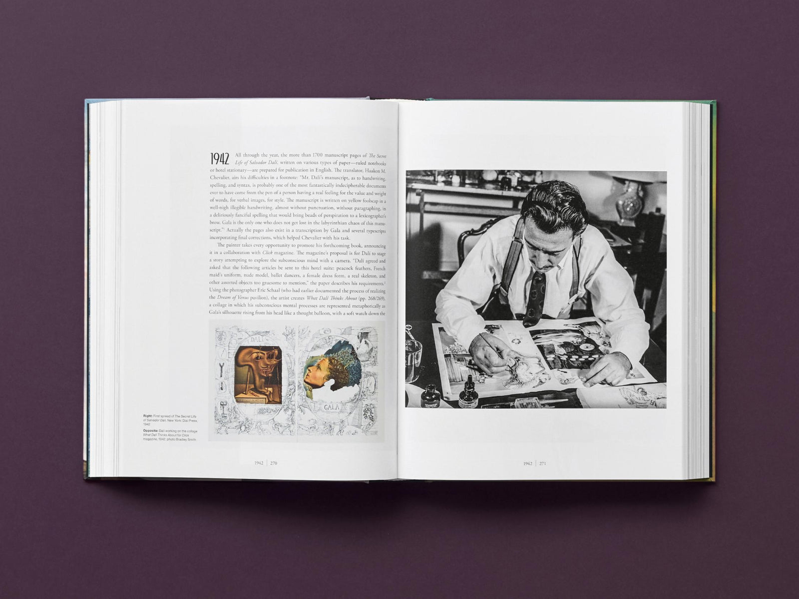 Open Taschen book spread with a black and white photo of Dalí at a desk, and smaller art plates on the left.