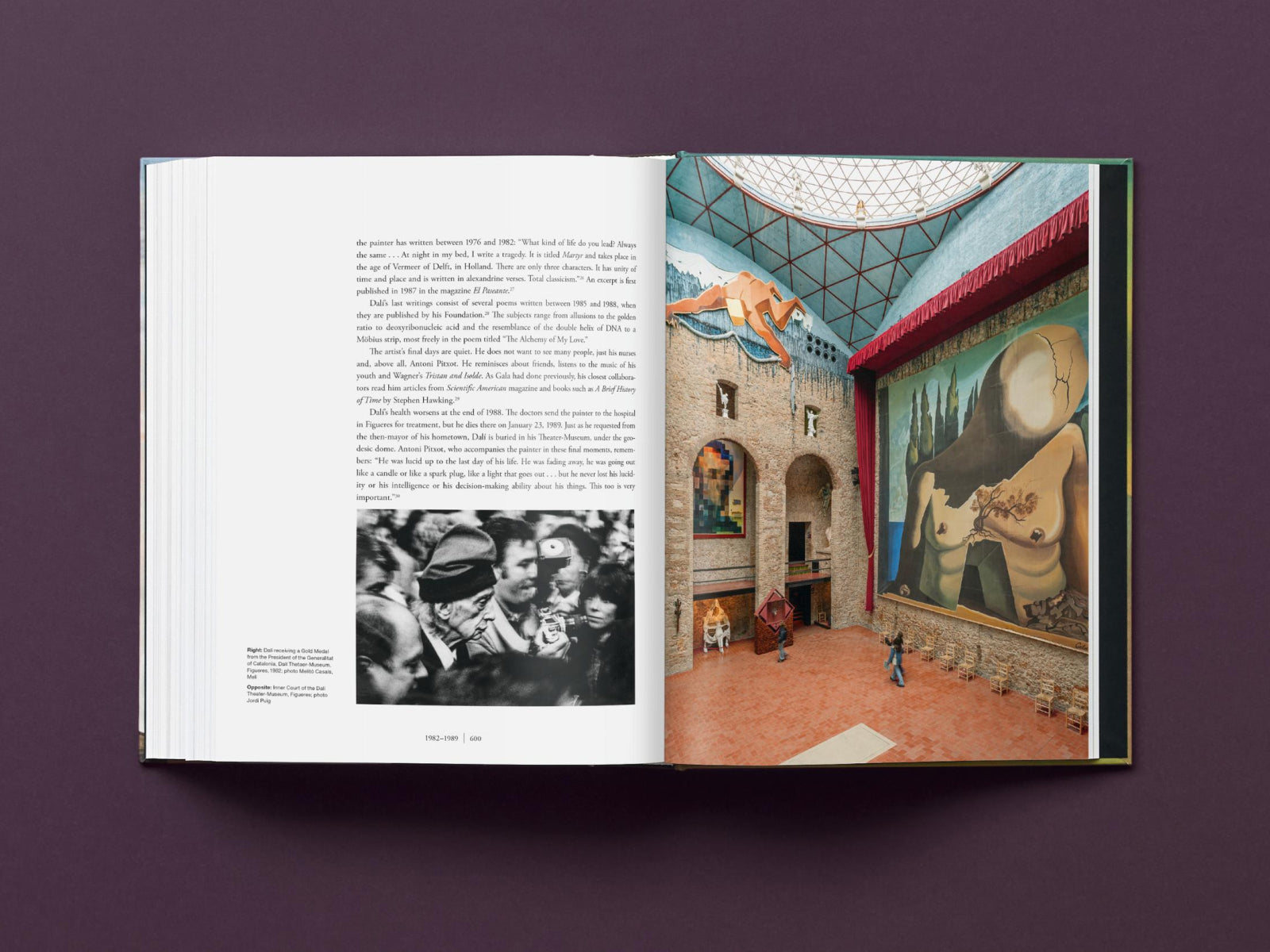 Open Dalí The Complete Paintings book showing a gallery room with brick arches and a glass dome, featuring a large surreal painting.